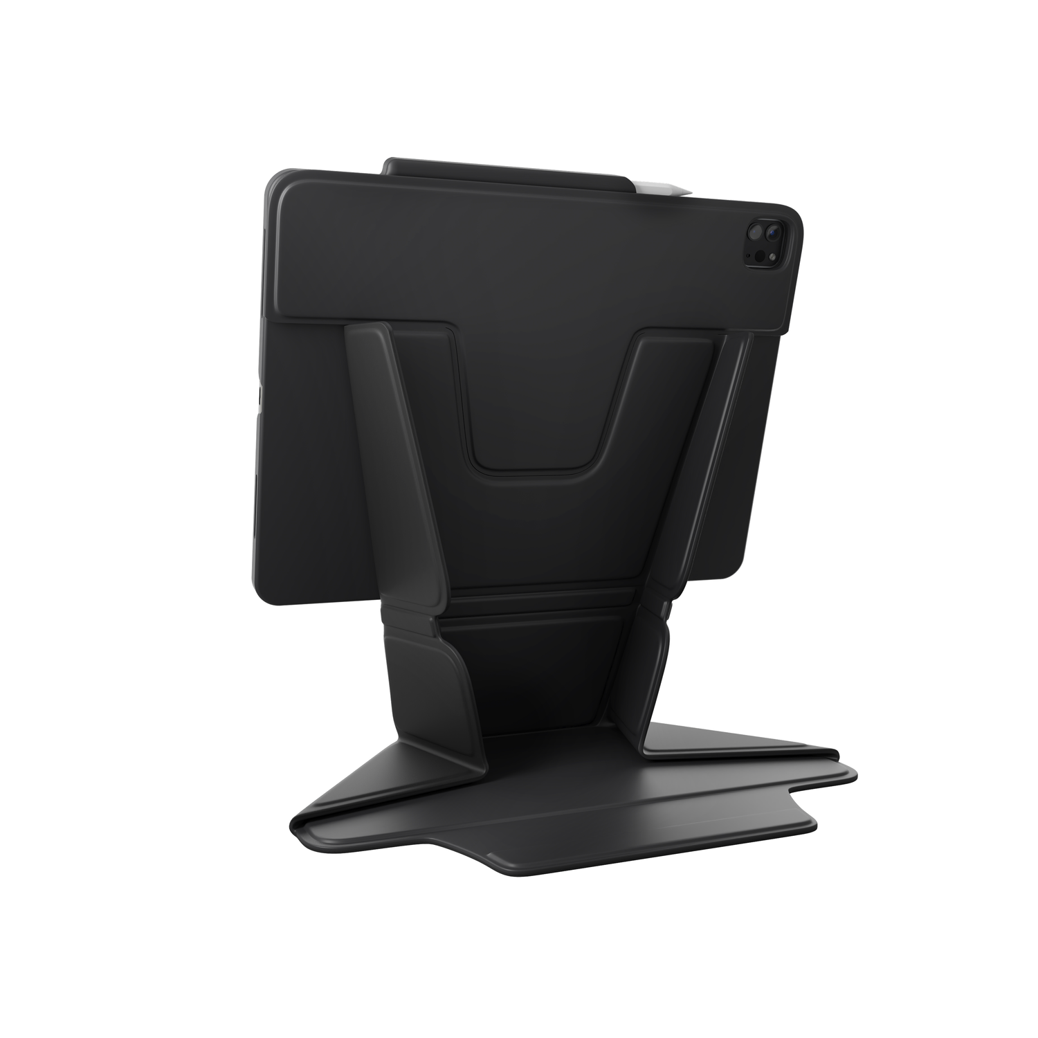 A black tablet and stylus in a stand, white surface.