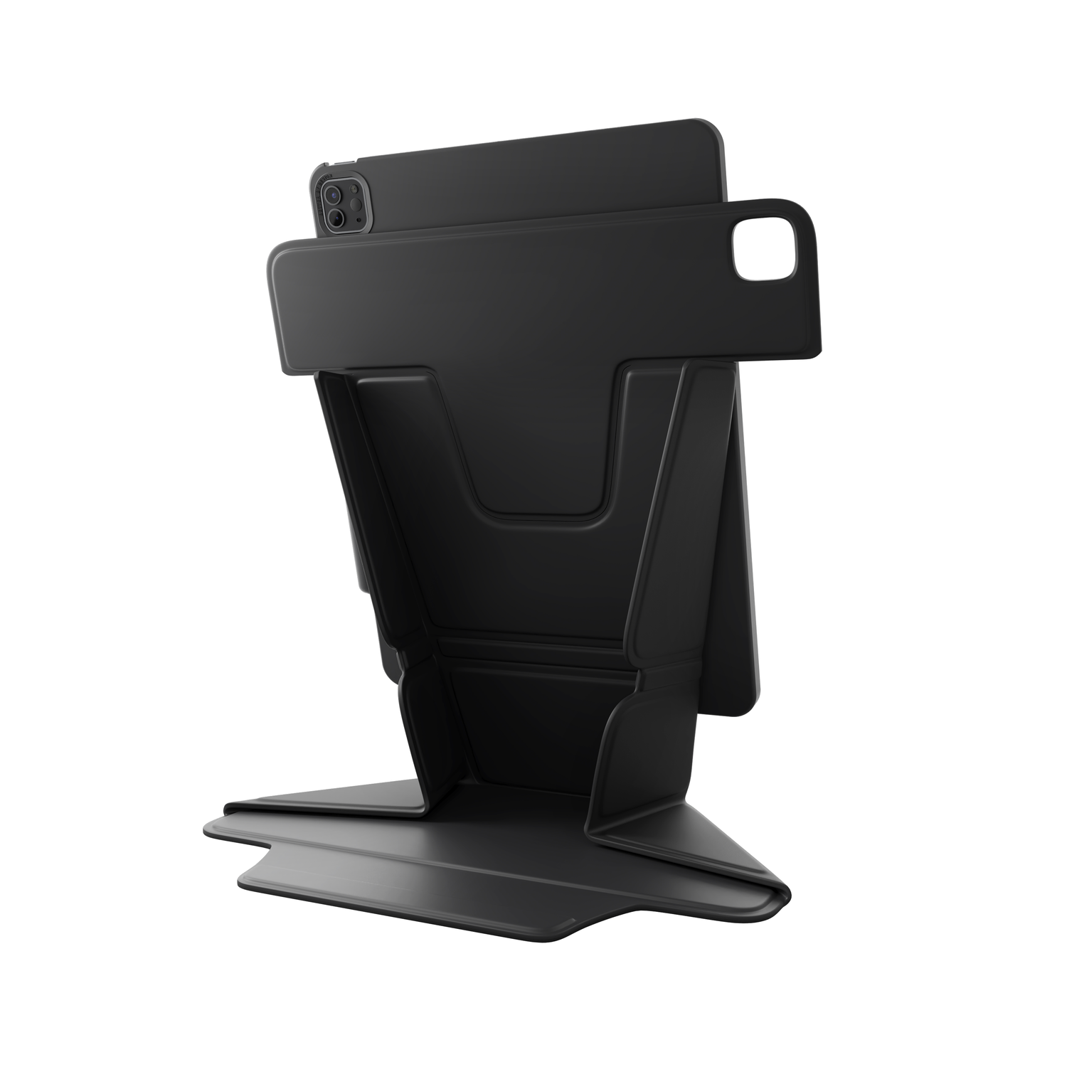 Black tablet stand. The tablet is in place. The stand is angled and made of black plastic.