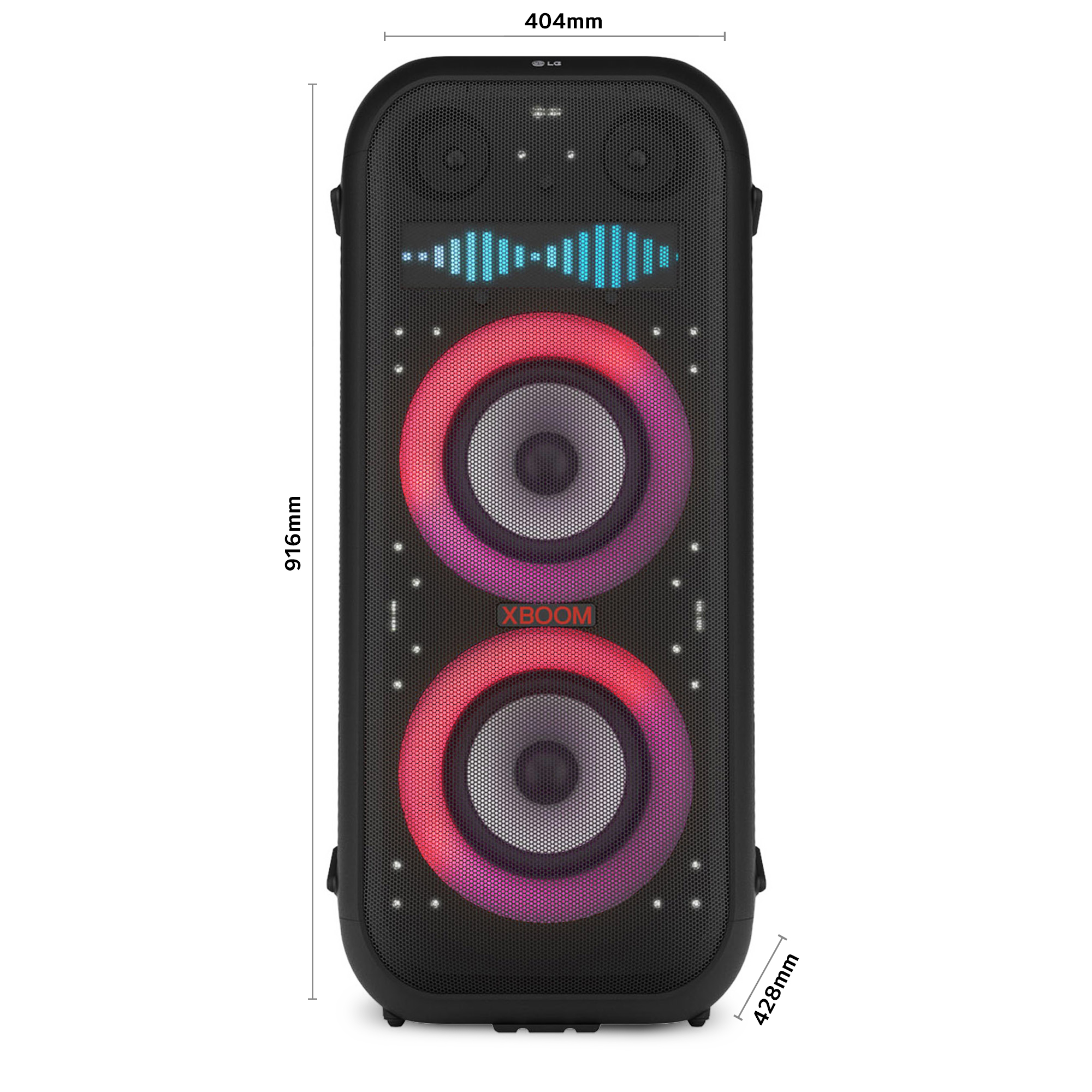 Altavoz LG XBoom negro con luces y dimensiones sobre fondo blanco.