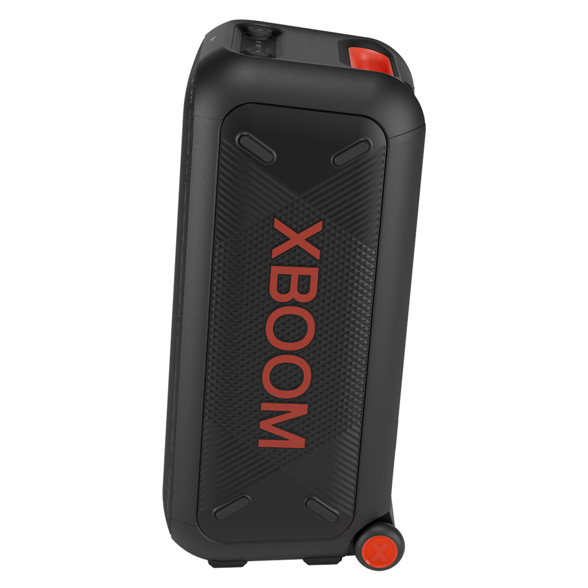 Altavoz LG XBOOM rectangular negro con detalles rojos y ruedas rojas.