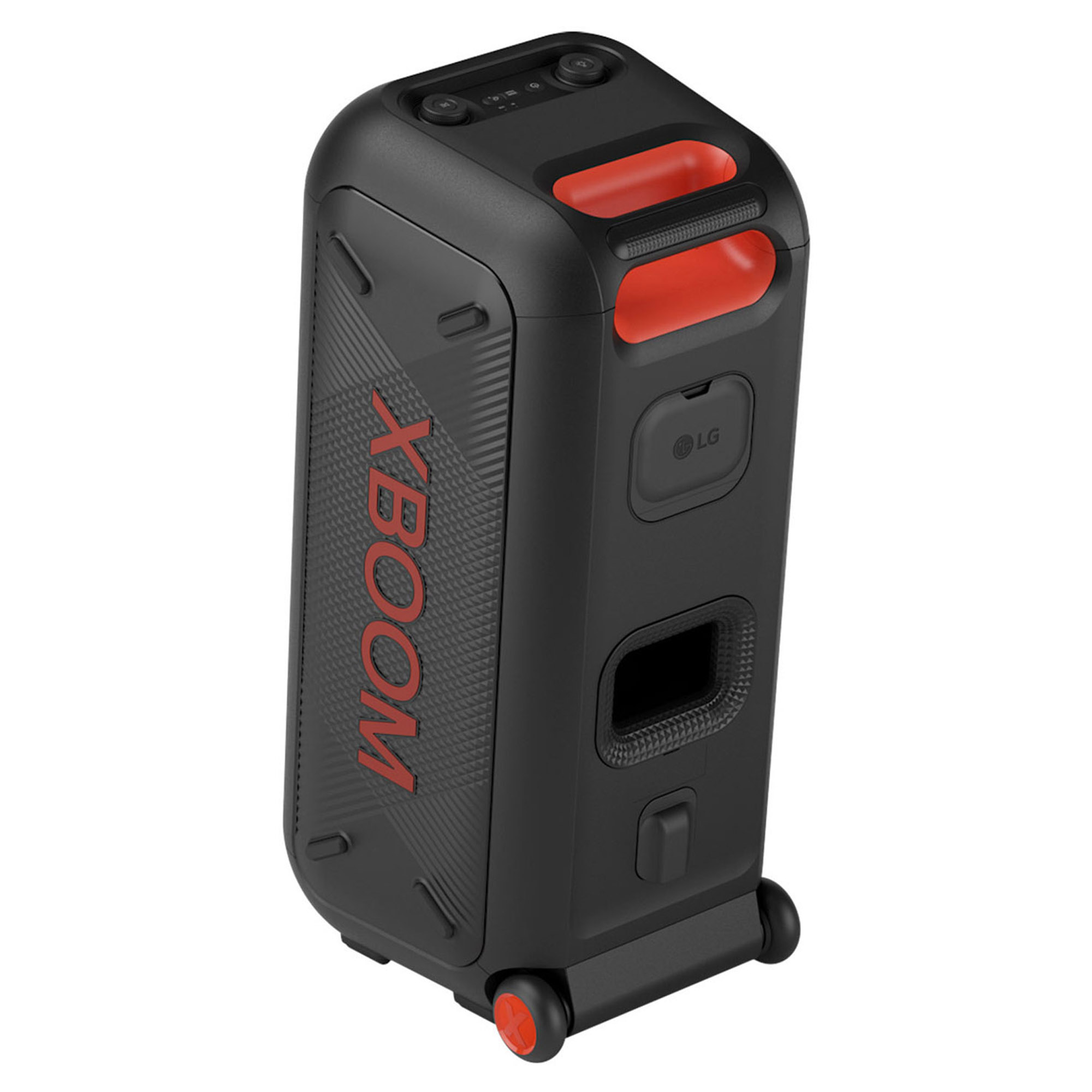 Altavoz LG XBOOM negro y rojo, de pie con ruedas en la parte inferior.