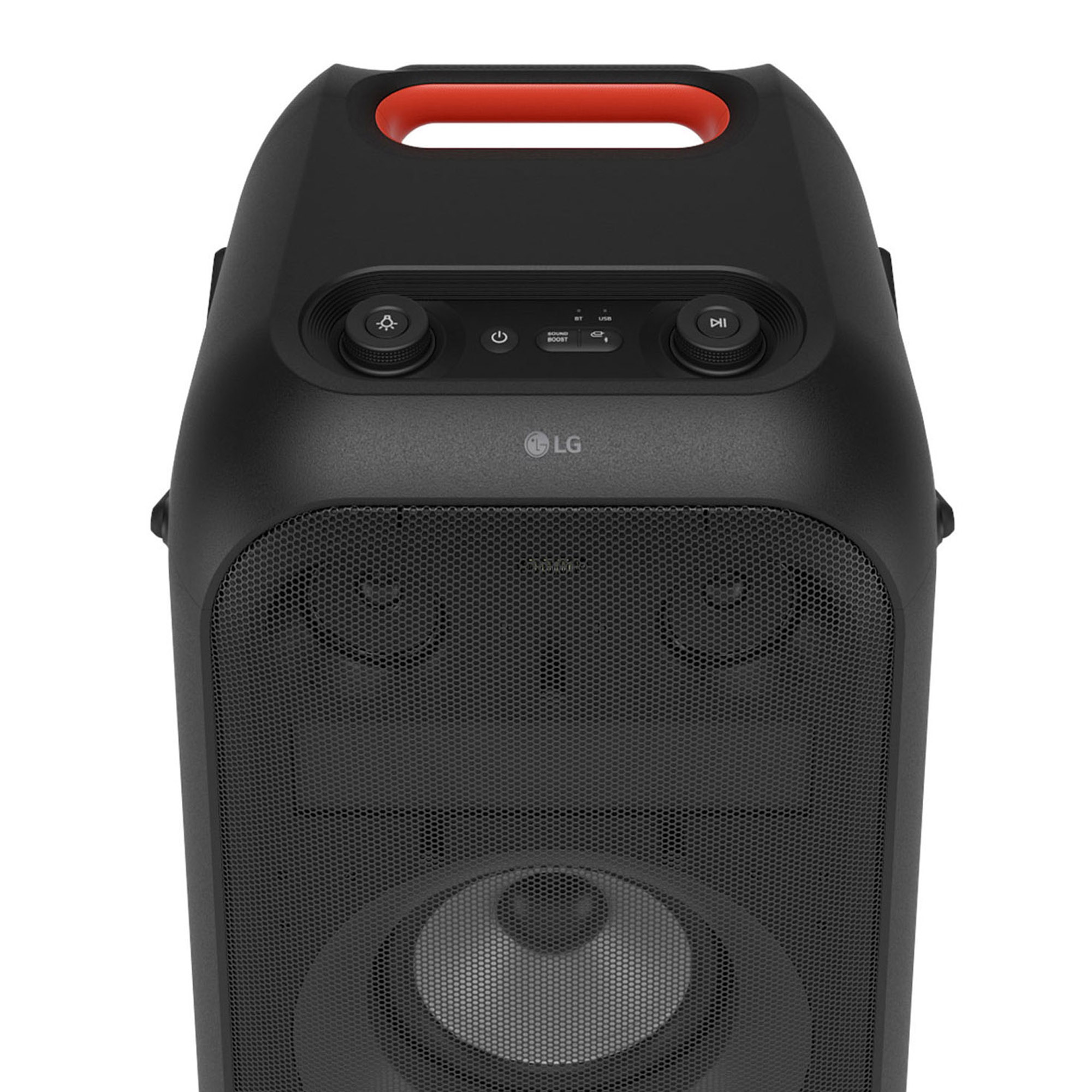 Altavoz de fiesta LG negro con asa roja. Cubierta de malla para altavoces.