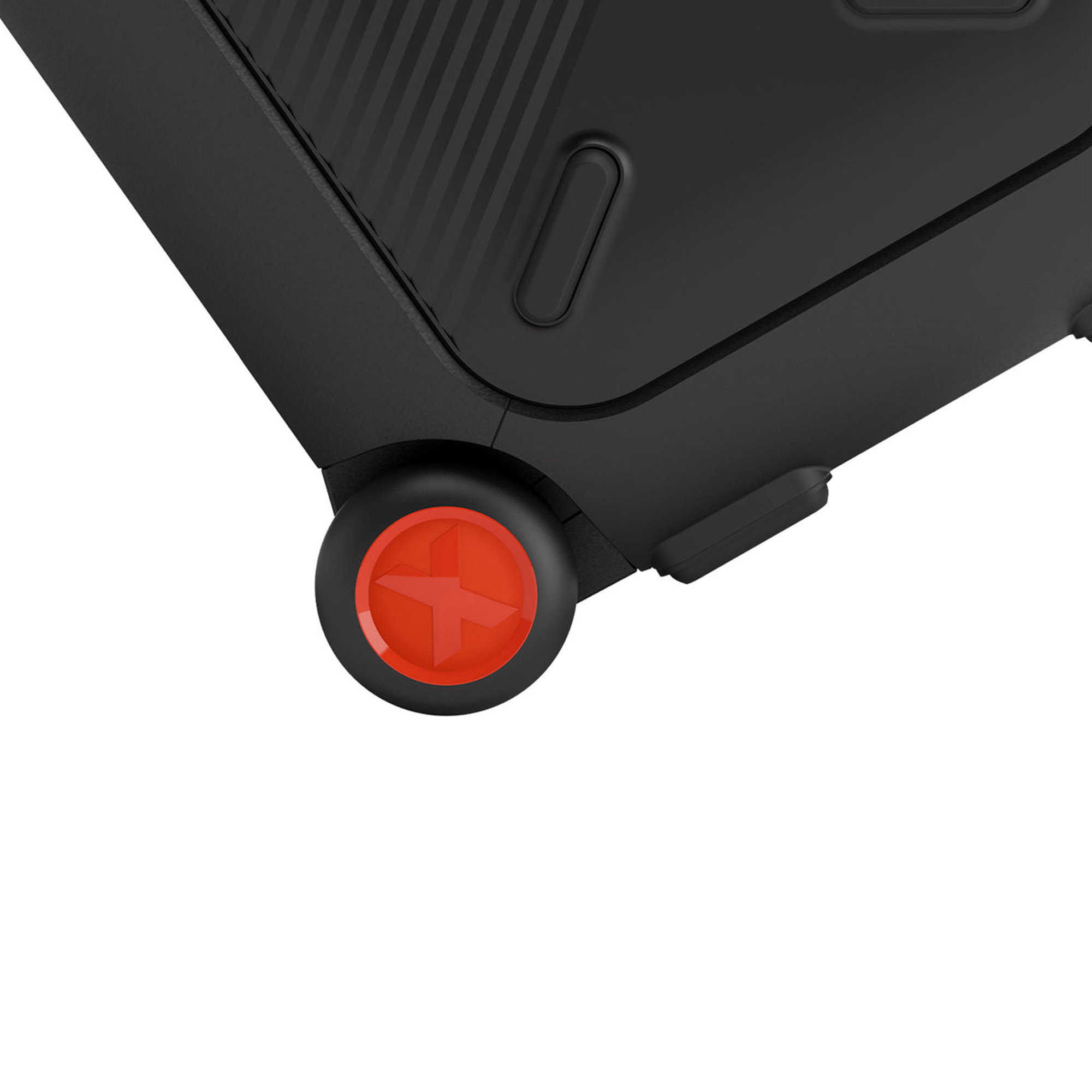 Rueda de equipaje negra con centro rojo. La rueda está en la esquina inferior de una maleta negra.
