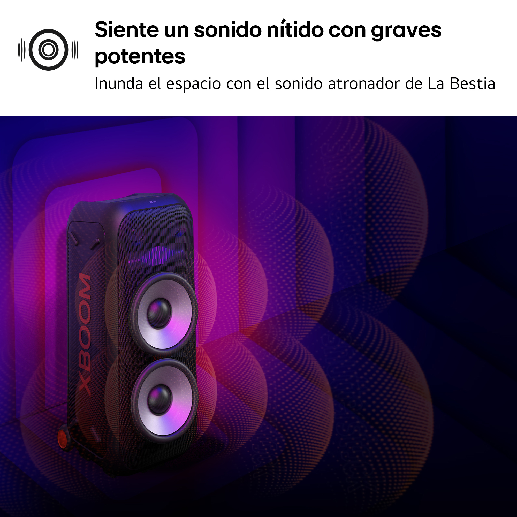 Altavoz negro con detalles rojos y dos altavoces. Fondo con efectos de luz púrpura y azul.