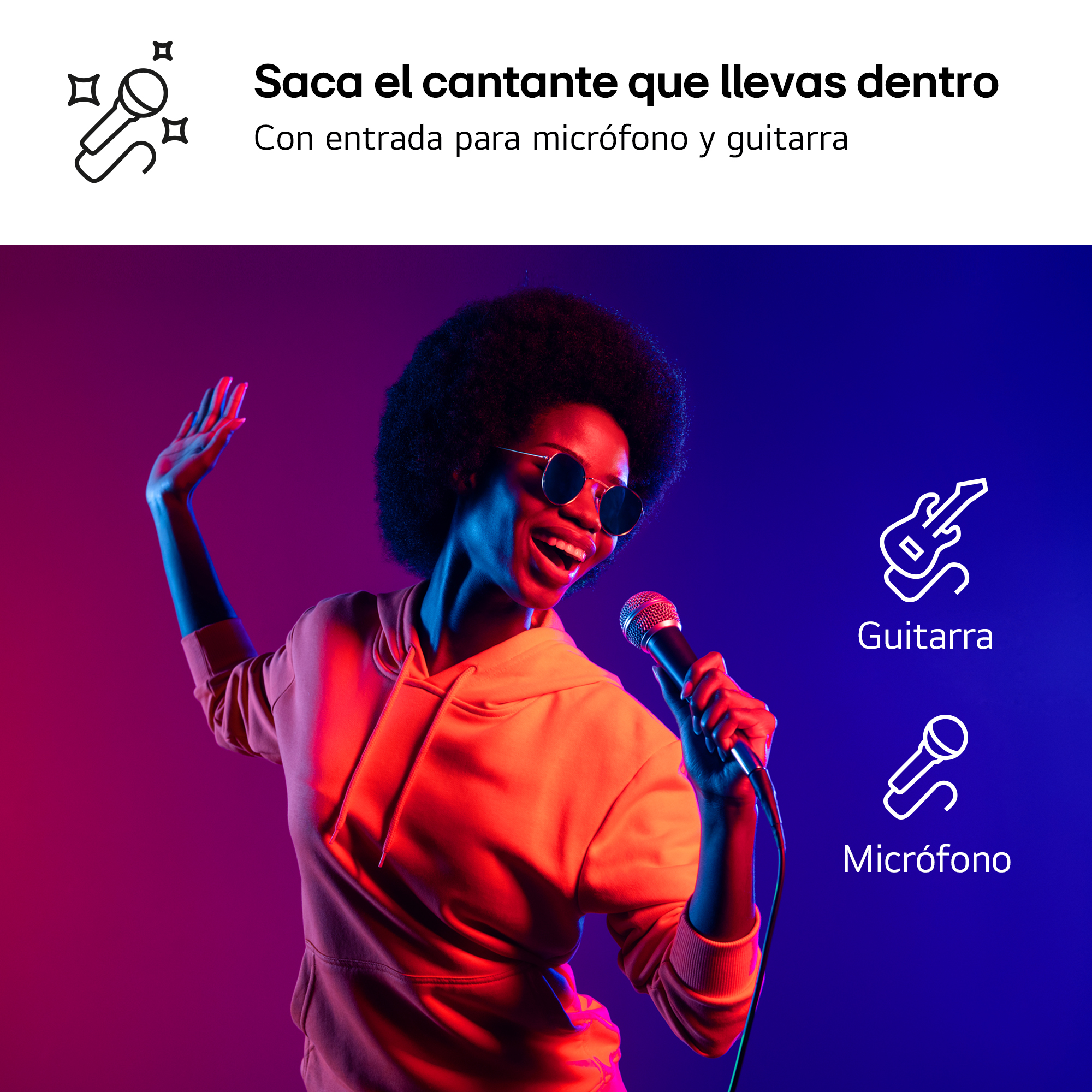 Una mujer con gafas de sol y micrófono cantando. Texto: Libera al cantante que llevas dentro con micro y guitarra.