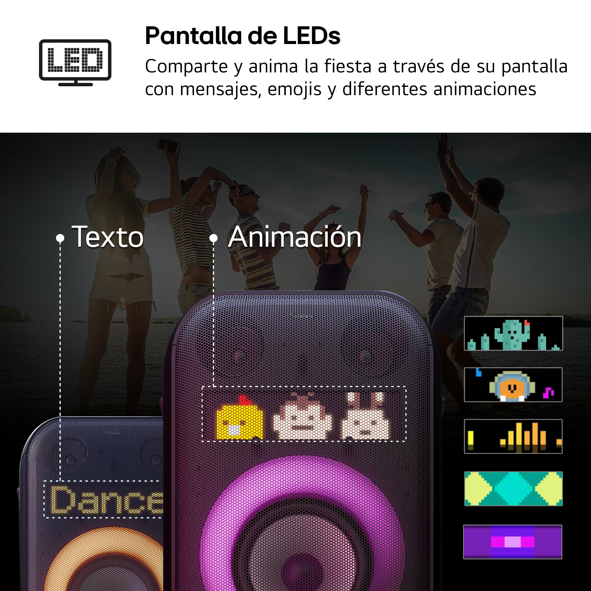 Altavoz con pantalla LED mostrando texto y emojis animados. Gente bailando al fondo.