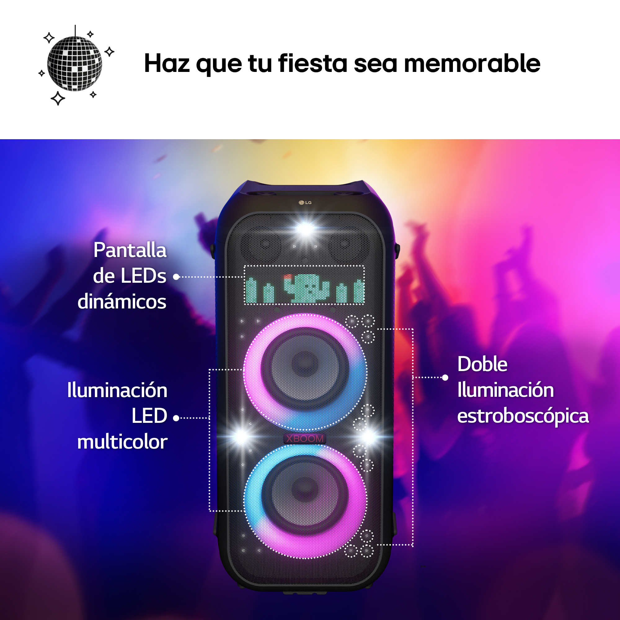 Altavoz LG negro con luces y texto coloridos, ambientado en una escena de fiesta.