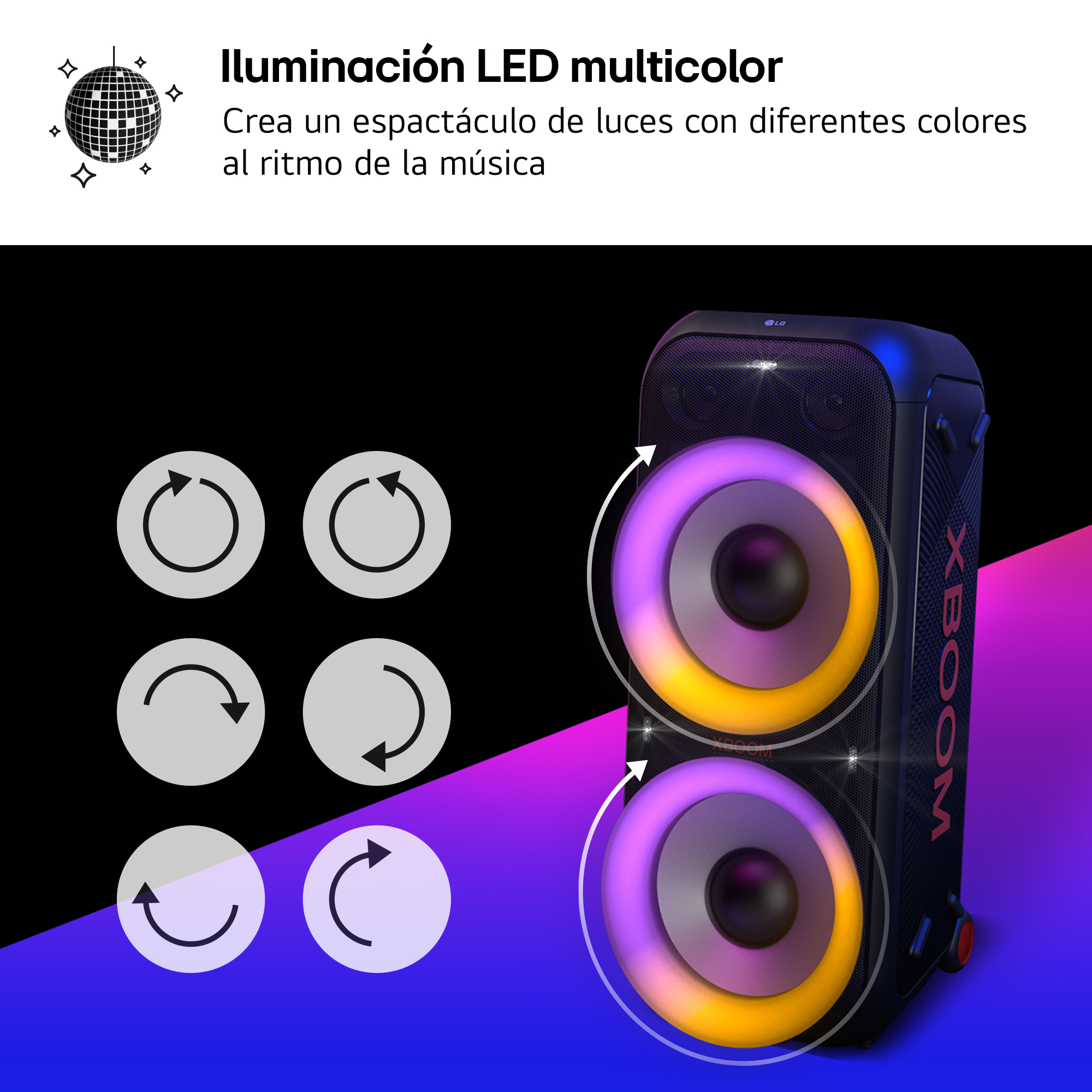 Un altavoz negro con luces de colores y un texto sobre iluminación LED multicolor.