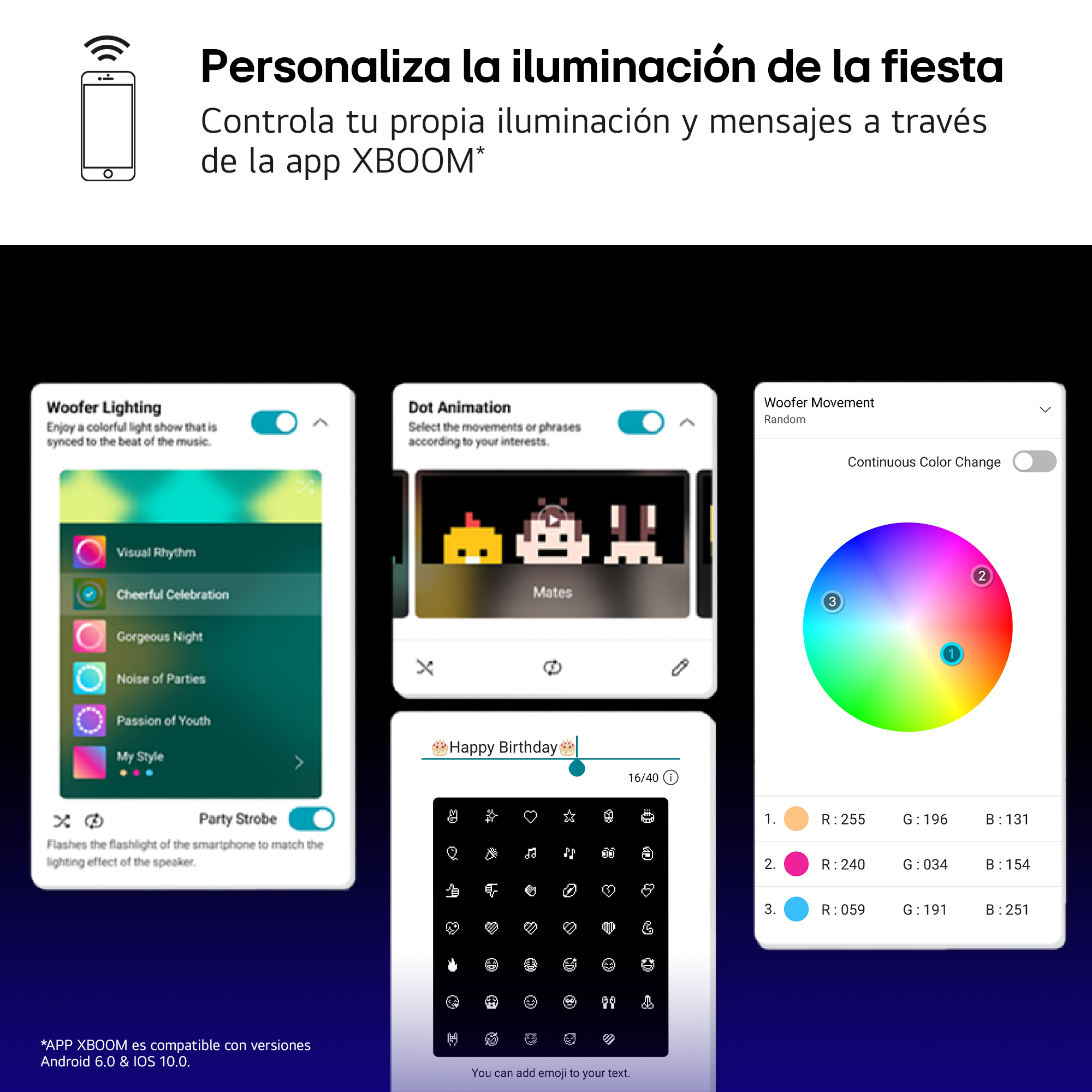 Interfaz de la aplicación del smartphone, con opciones para controlar los efectos de iluminación del altavoz.