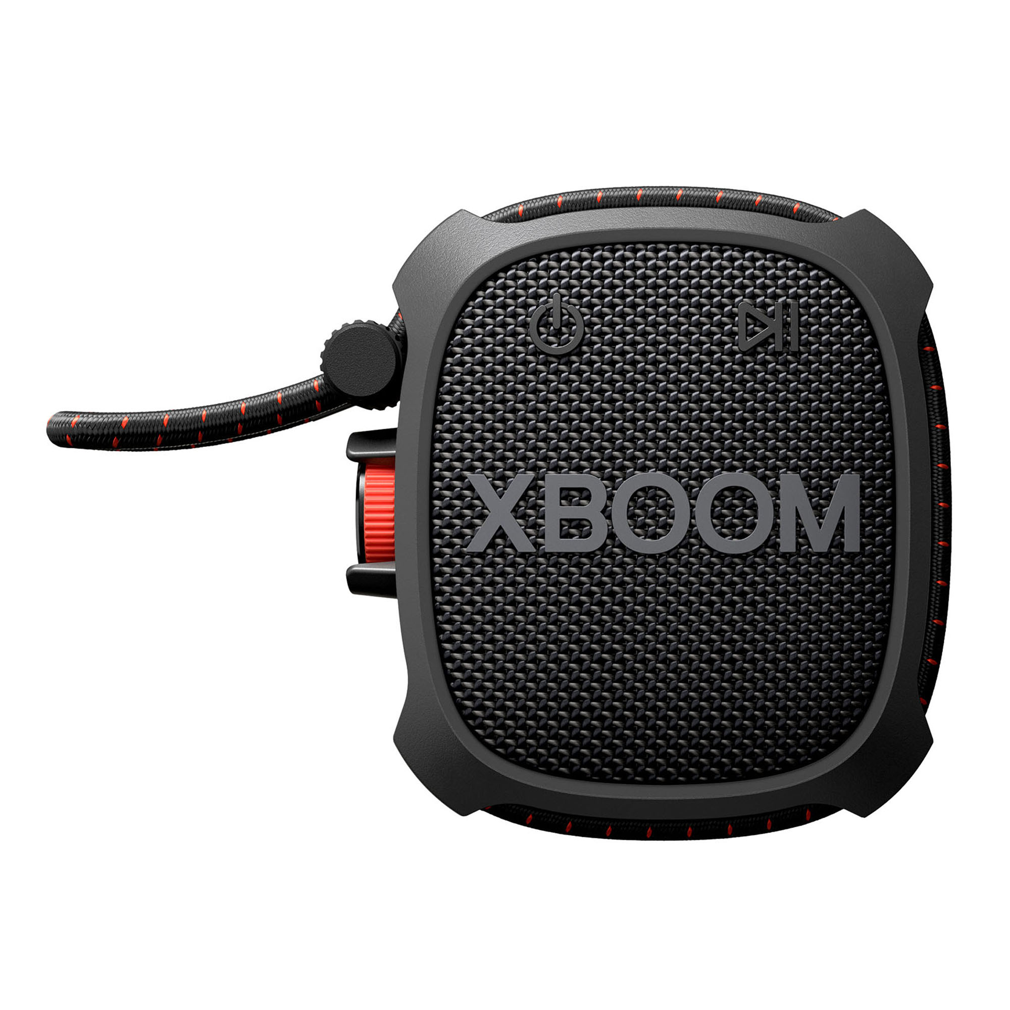 Altavoz portátil negro y cuadrado con detalles rojos y logotipo XBOOM.