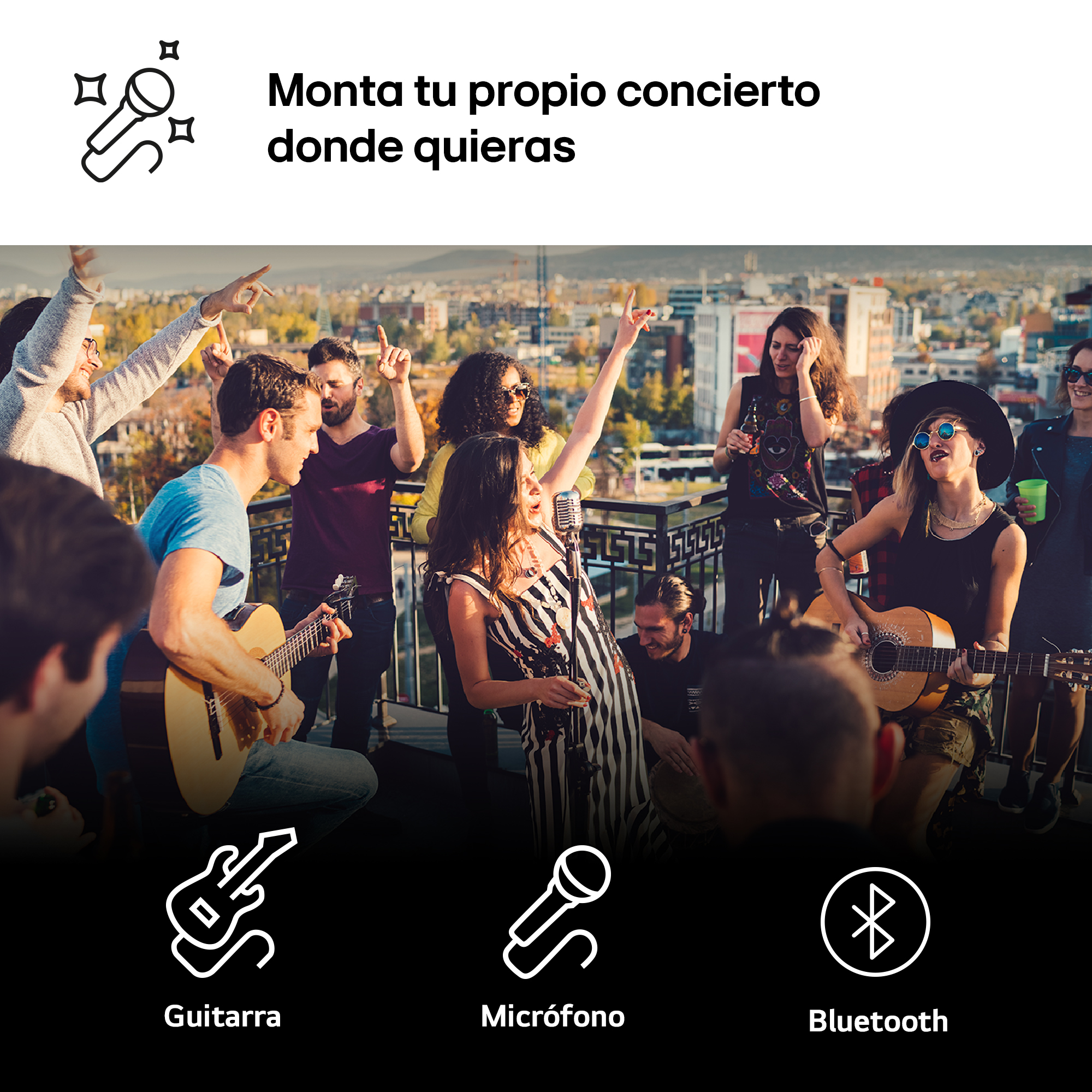 Un grupo de personas tocando instrumentos y cantando al aire libre, con iconos de micrófono y guitarra debajo.