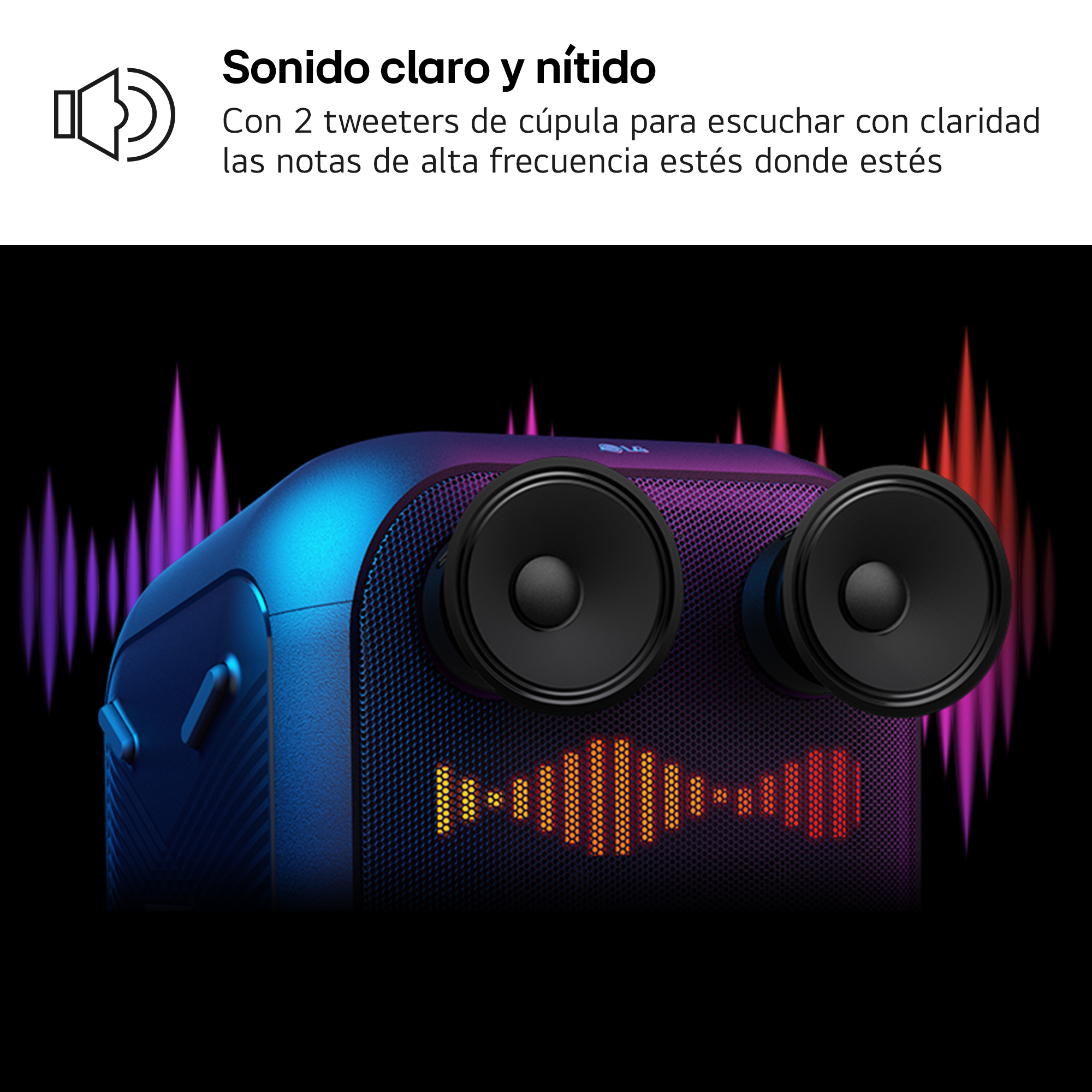 Altavoz negro con ondas de sonido, texto y gráfico brillante sobre negro.