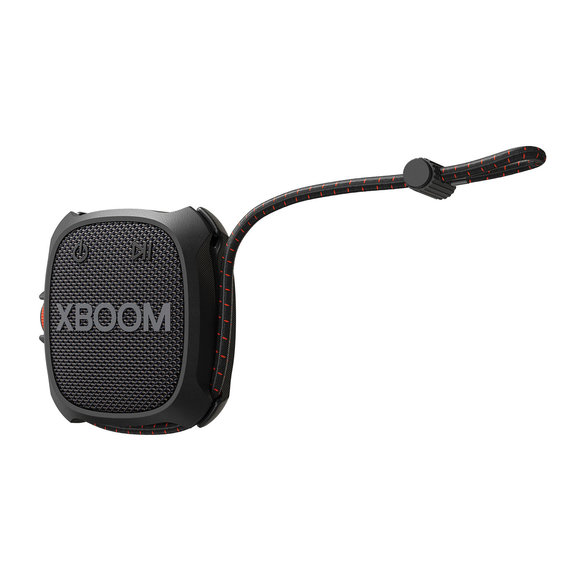 Altavoz portátil negro con detalles rojos y un cordón para llevarlo.