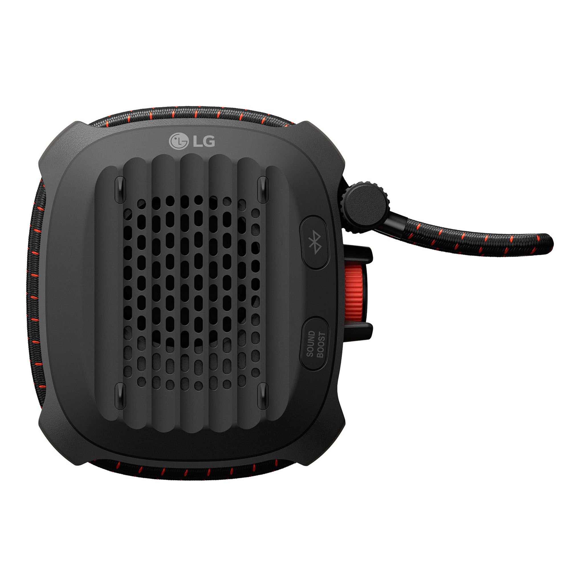 Altavoz LG negro, vista superior, con detalles en rojo y correa.