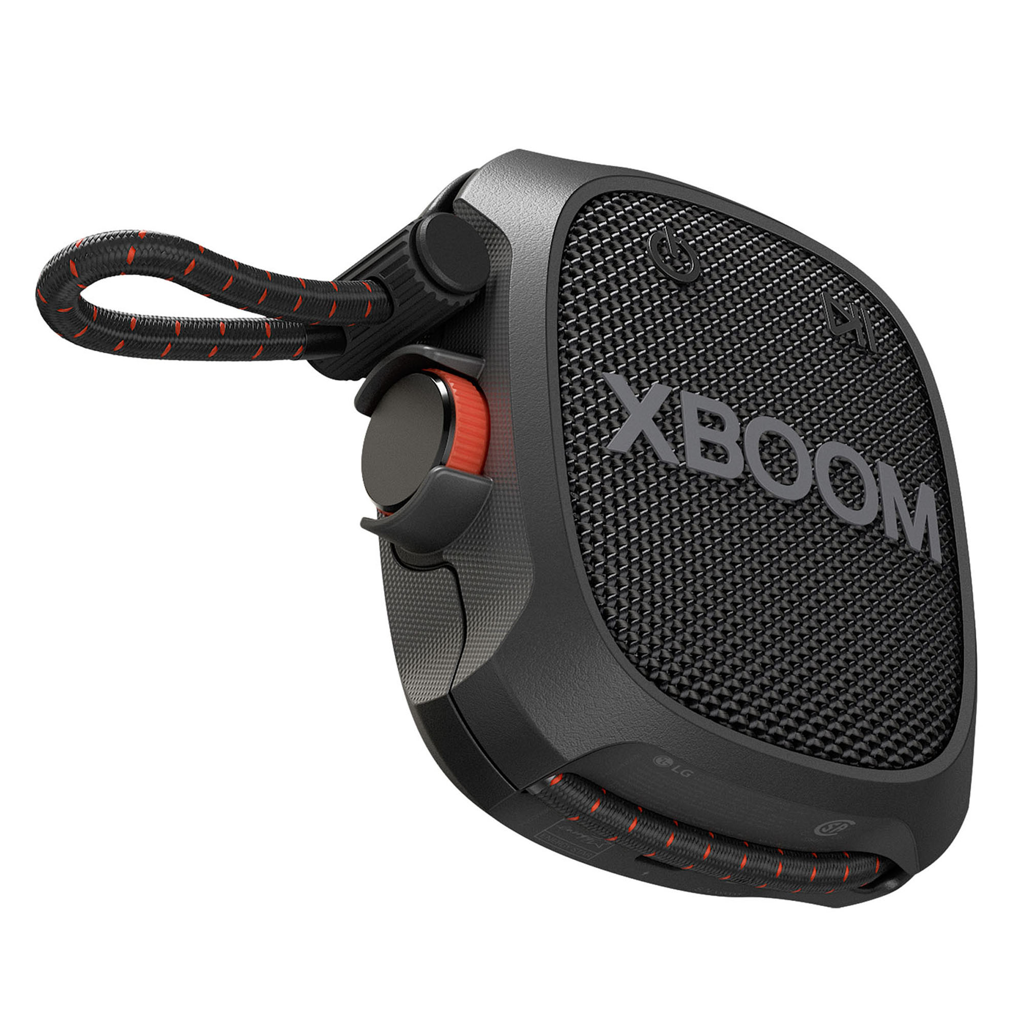 Un altavoz LG XBOOM negro y rojo con una correa de transporte.