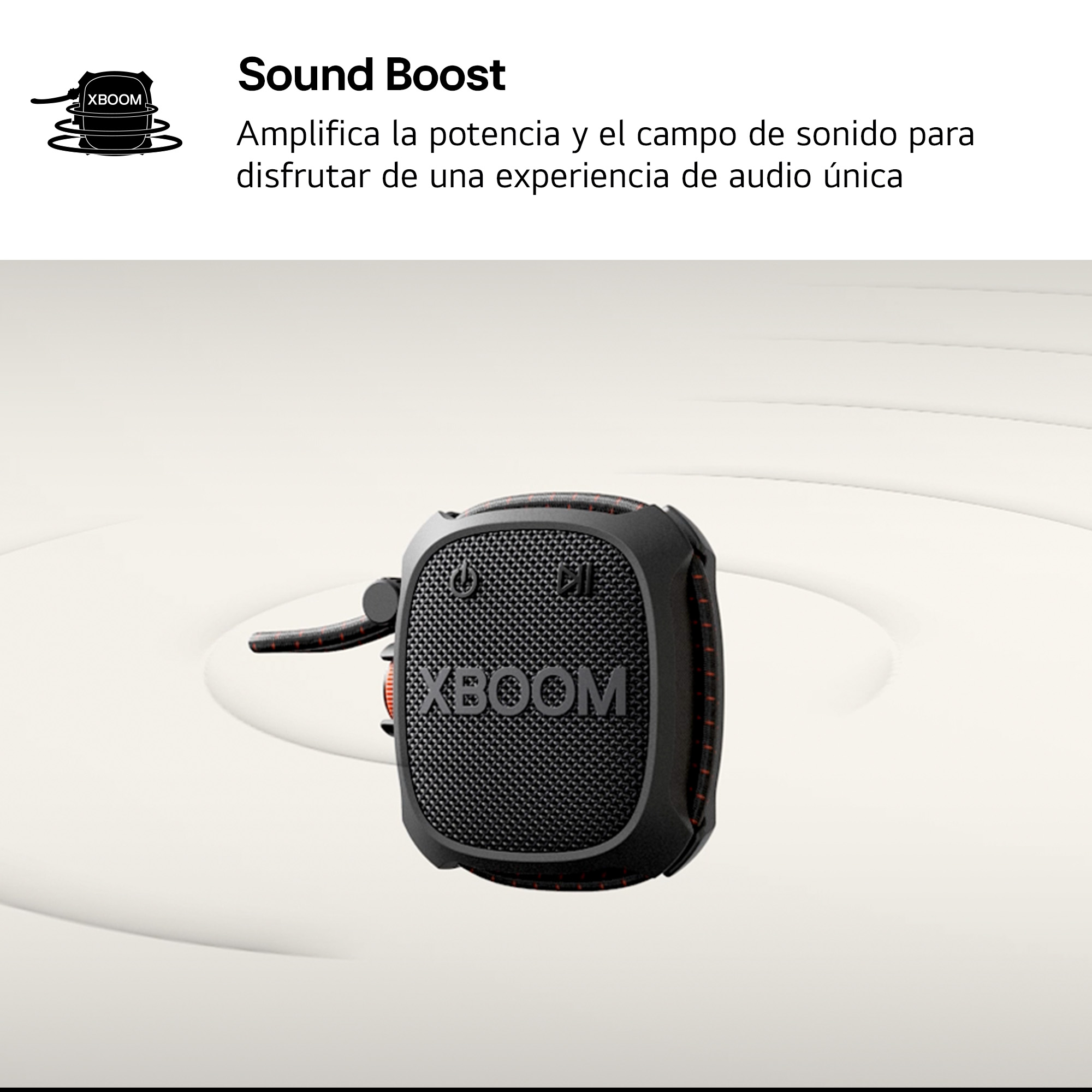 Altavoz negro y rojo. Logotipo XBOOM. Fondo blanco. Texto Sound Boost.