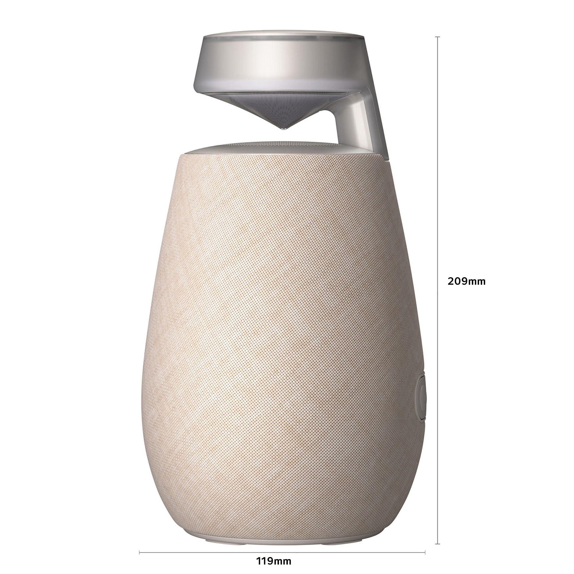 Altavoz de tela beige con parte superior plateada. Dimensiones: 209 mm de alto y 119 mm de ancho.