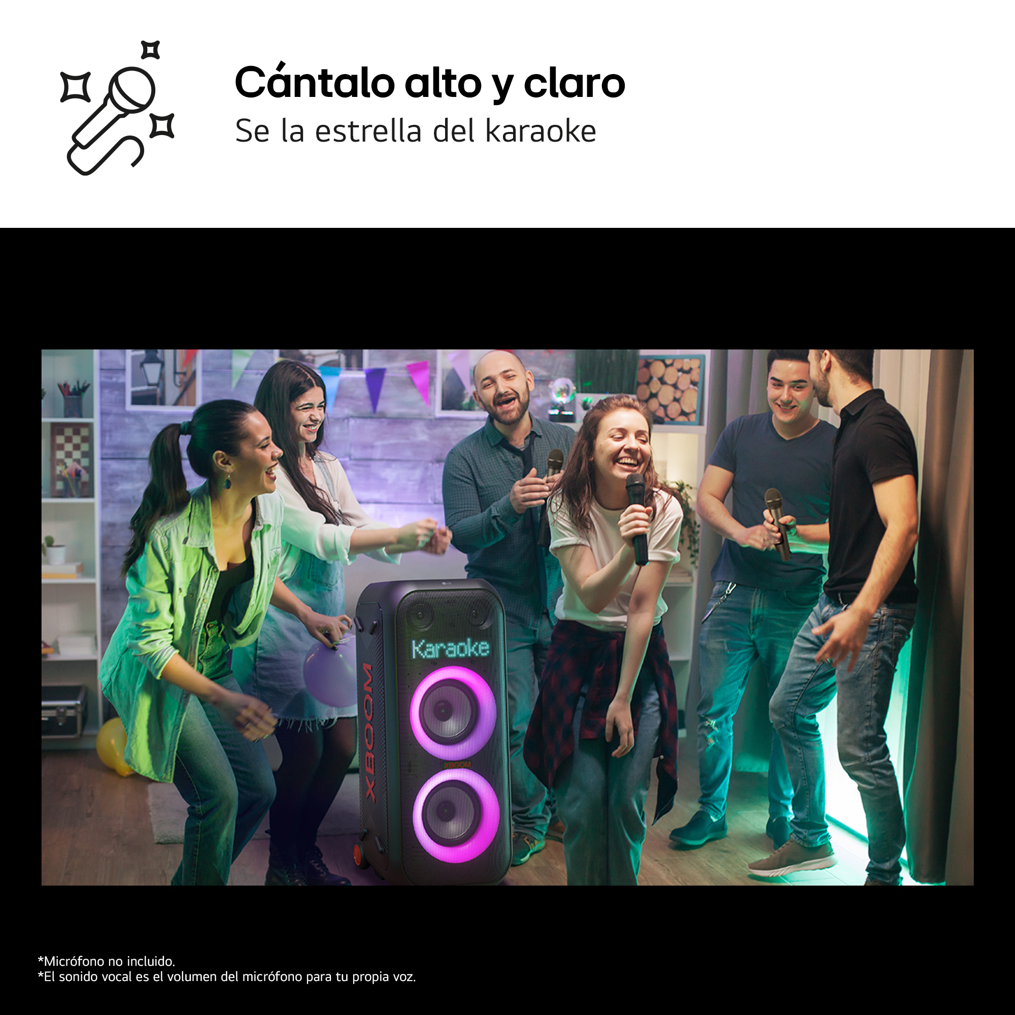 Grupo de personas cantando karaoke con un altavoz. Texto: Canta alto y claro, sé la estrella del karaoke.