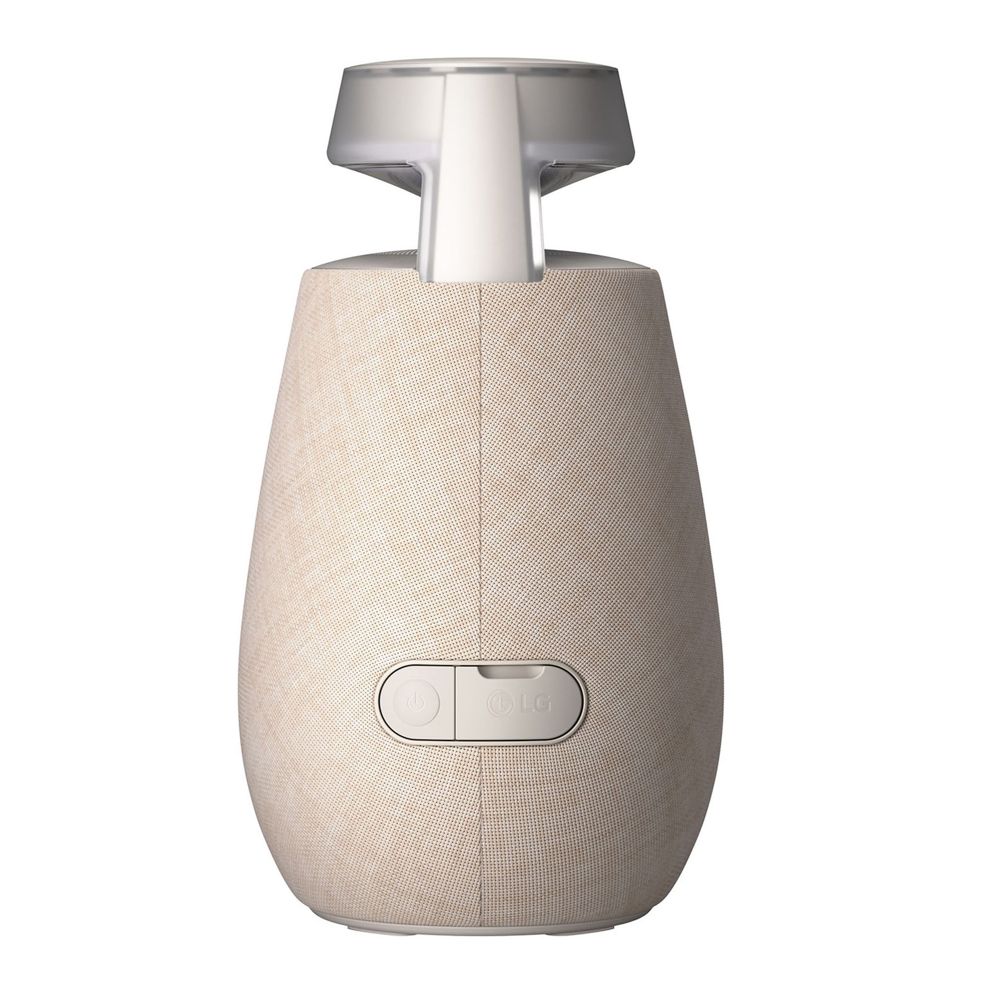 Altavoz beige con parte superior y botones blancos. Fondo blanco, vista frontal.