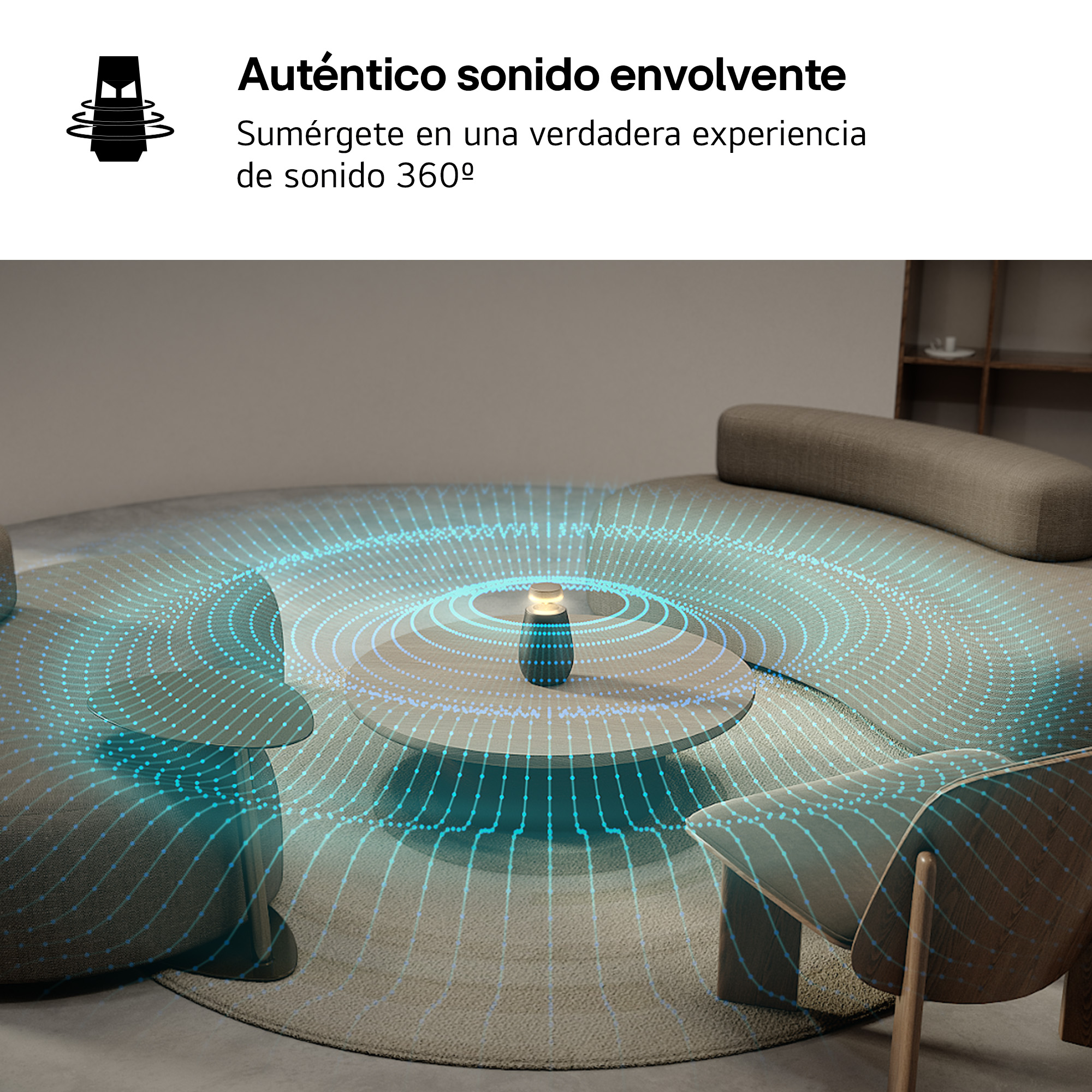 Una lámpara emite ondas de sonido azules, promocionando una experiencia de audio inmersiva 360°.