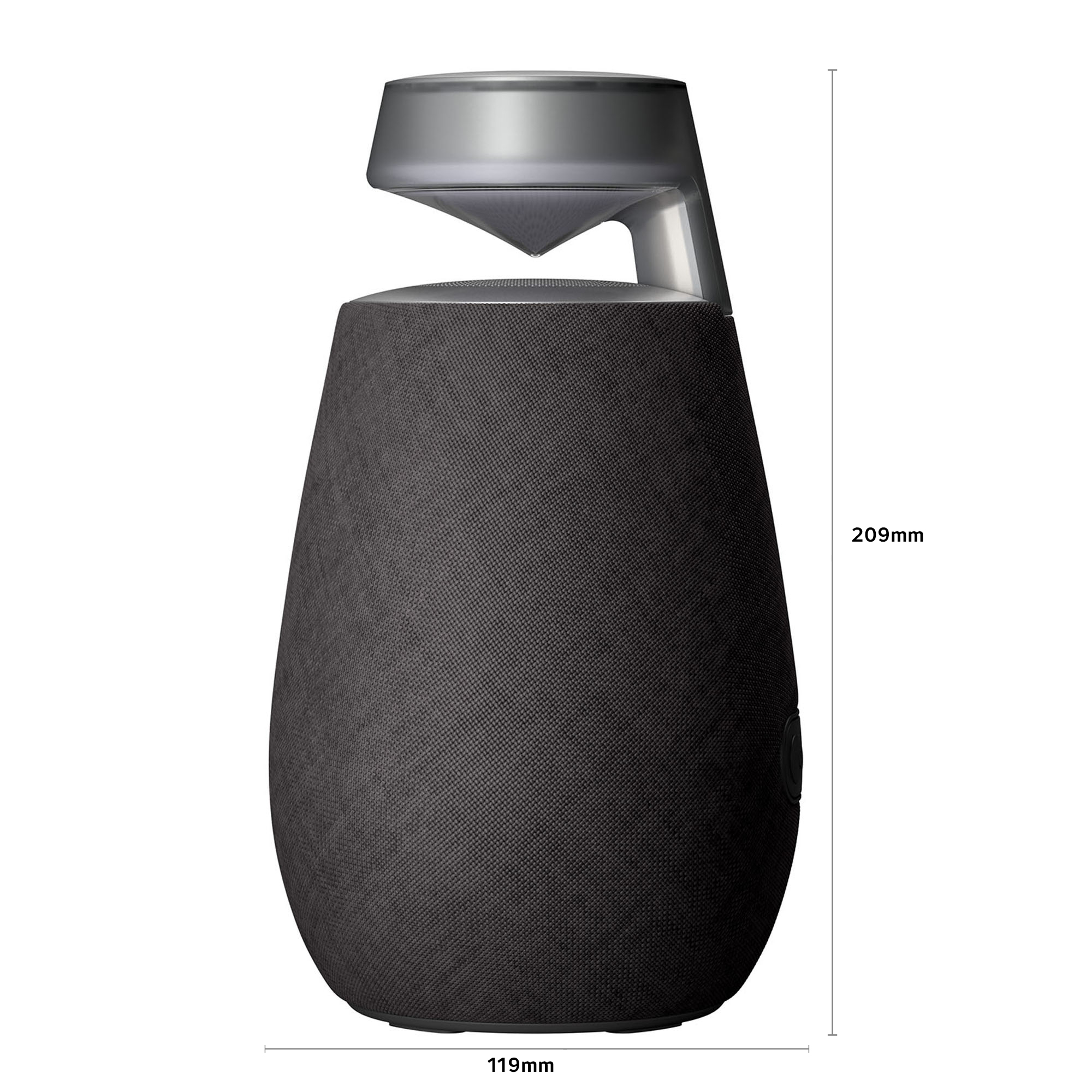 Un altavoz cilíndrico con cuerpo de tela gris oscuro y parte superior plateada.