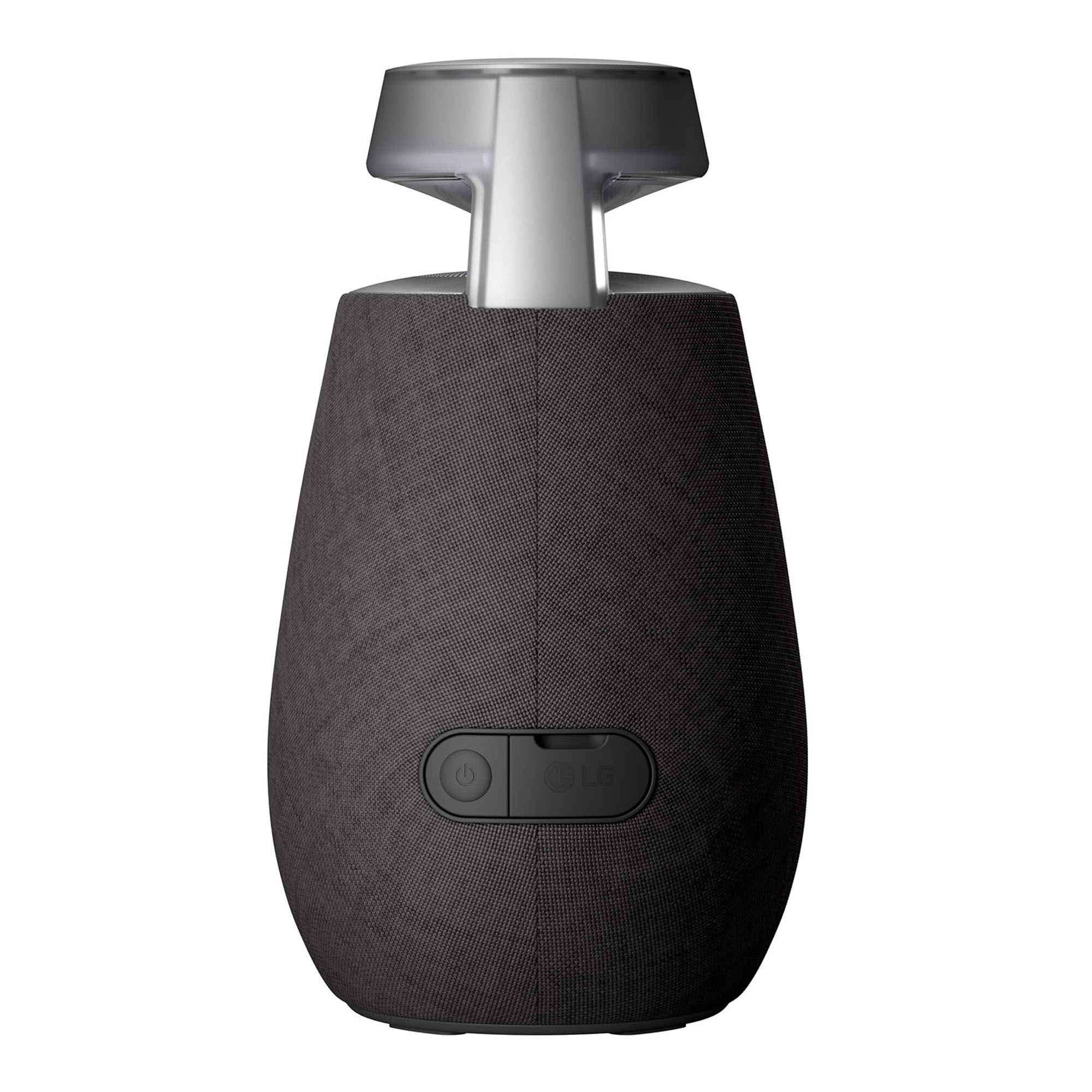 Altavoz LG negro y plateado. Forma ovalada con asa arriba, dos botones al frente.