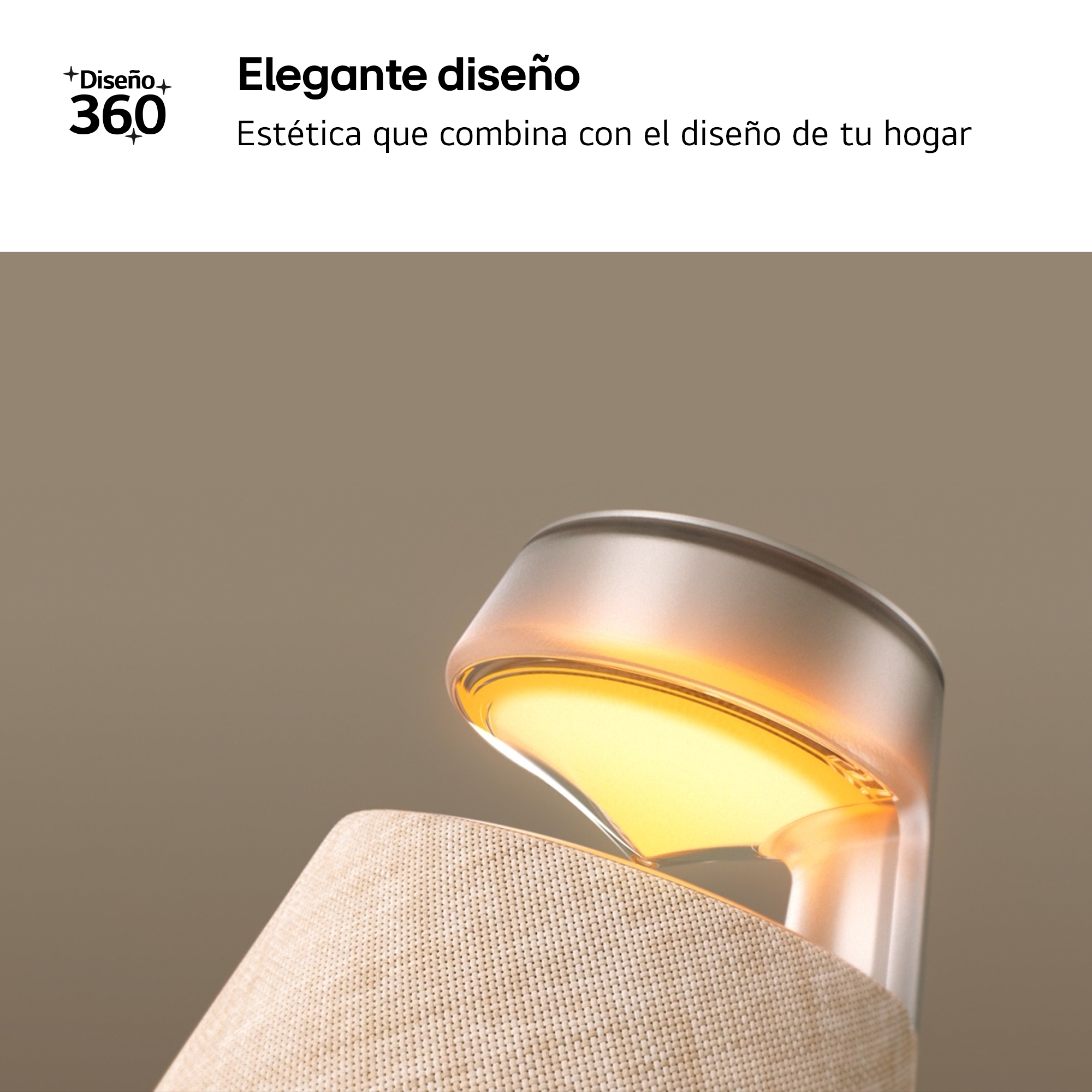 Primer plano de una lámpara sobre una base de tela beige, con el texto 'Diseño elegante' en español.