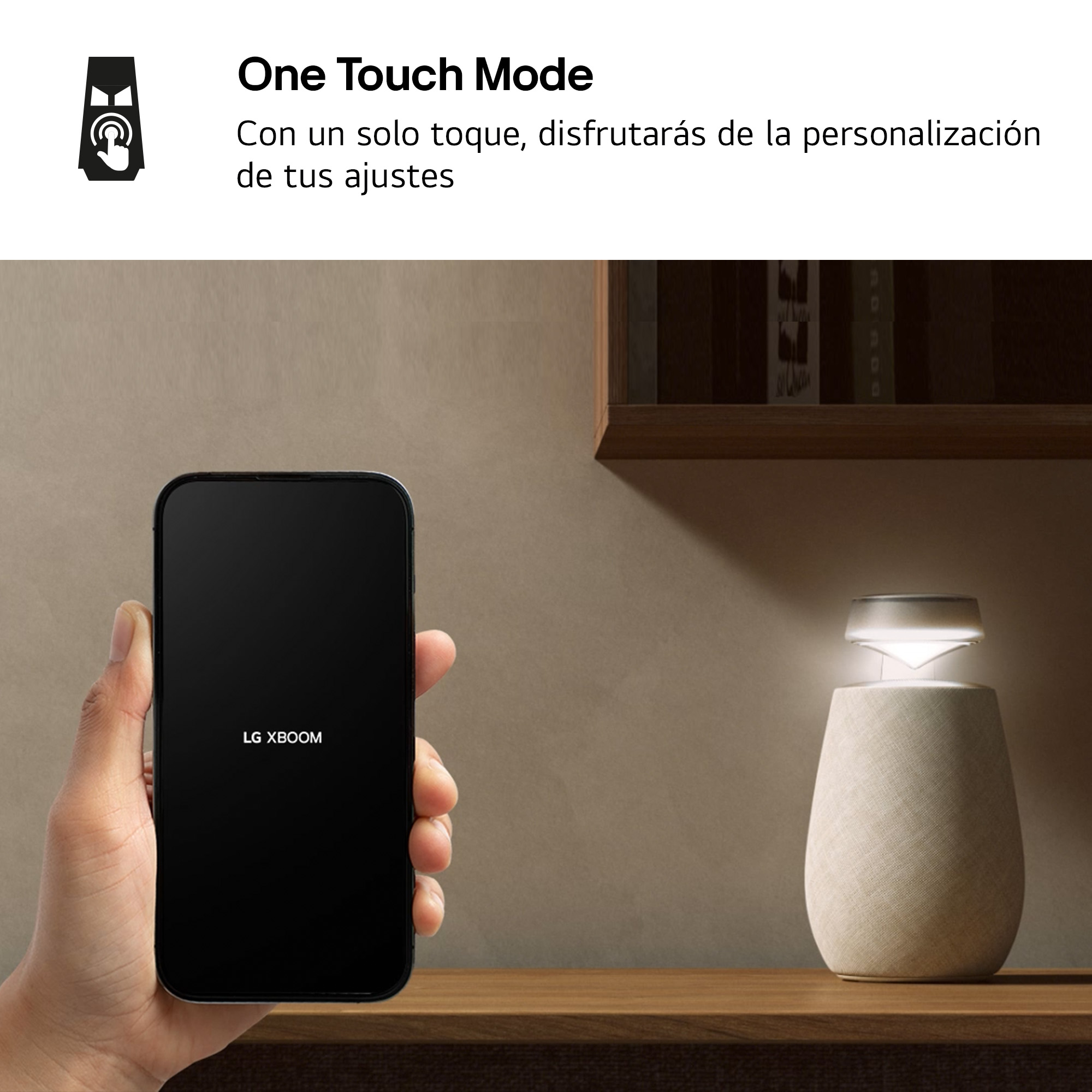 Un smartphone que muestra un logotipo de LG XBOOM, junto a un altavoz. Texto en español.