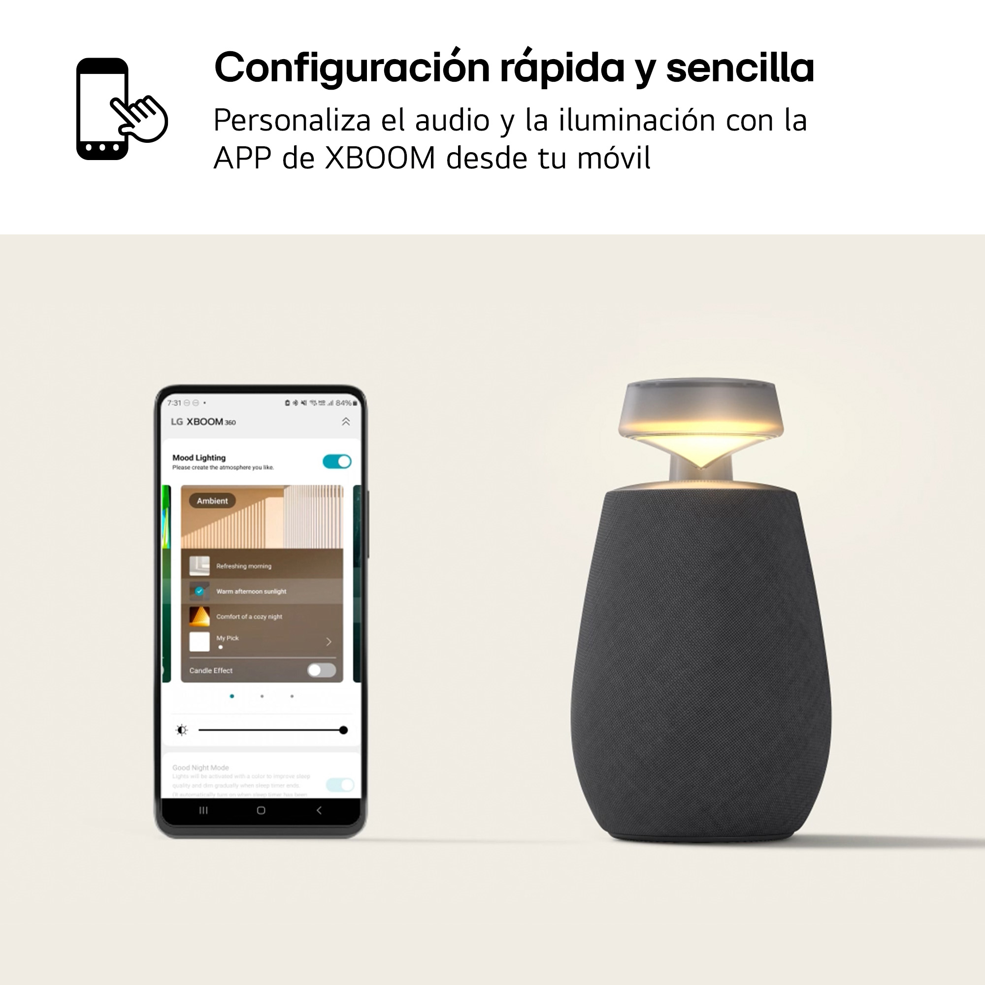 Un altavoz inteligente con una pantalla que muestra una interfaz de aplicación telefónica.