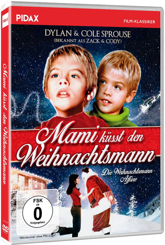 DVD-Hülle mit zwei Jungen, die nach oben schauen, Titel 'Mami küsst den Weihnachtsmann'.