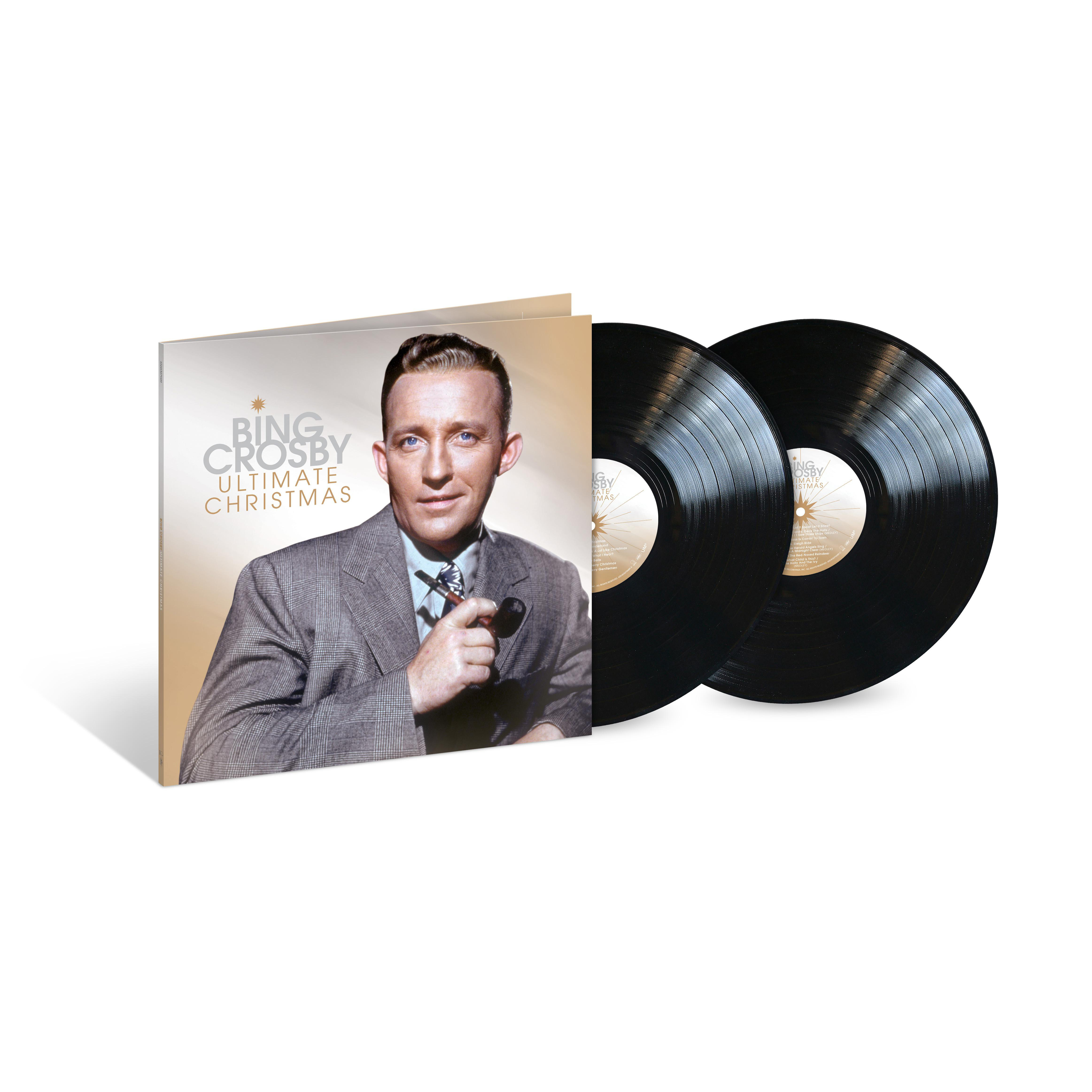 Zwei schwarze Schallplatten in einer Hülle mit einem Porträt von Bing Crosby. Der Hintergrund ist hell.