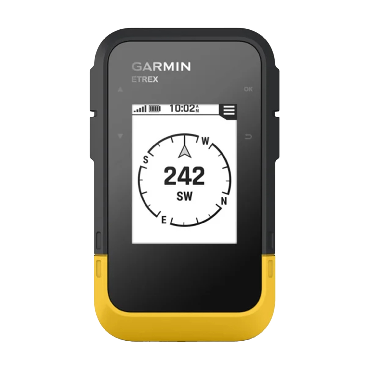 Dispositivo GPS Garmin eTrex in nero e giallo, che mostra una bussola.