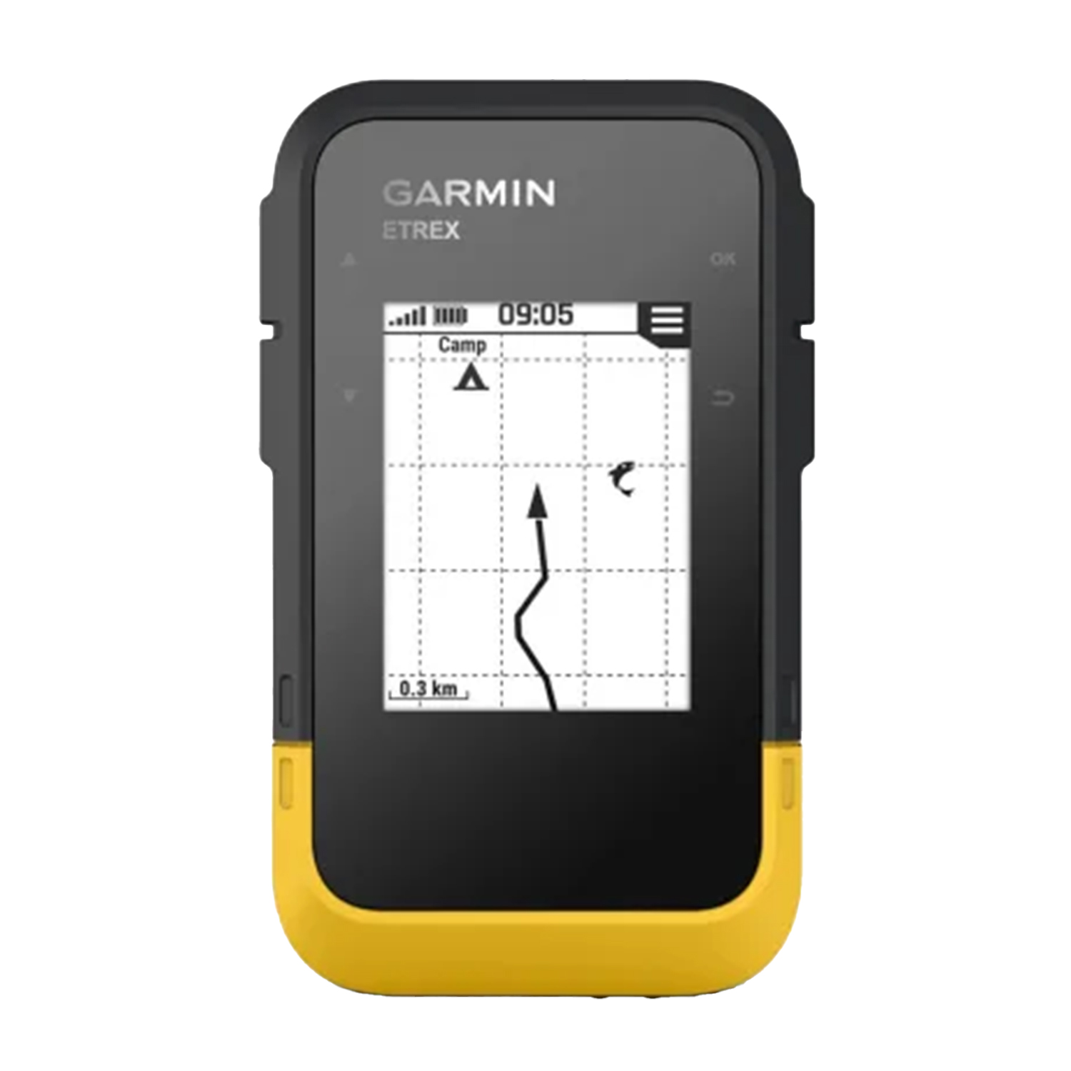 Dispositivo GPS Garmin eTrex che mostra una mappa con schermo bianco e bordi gialli. L'ora è 09:05.