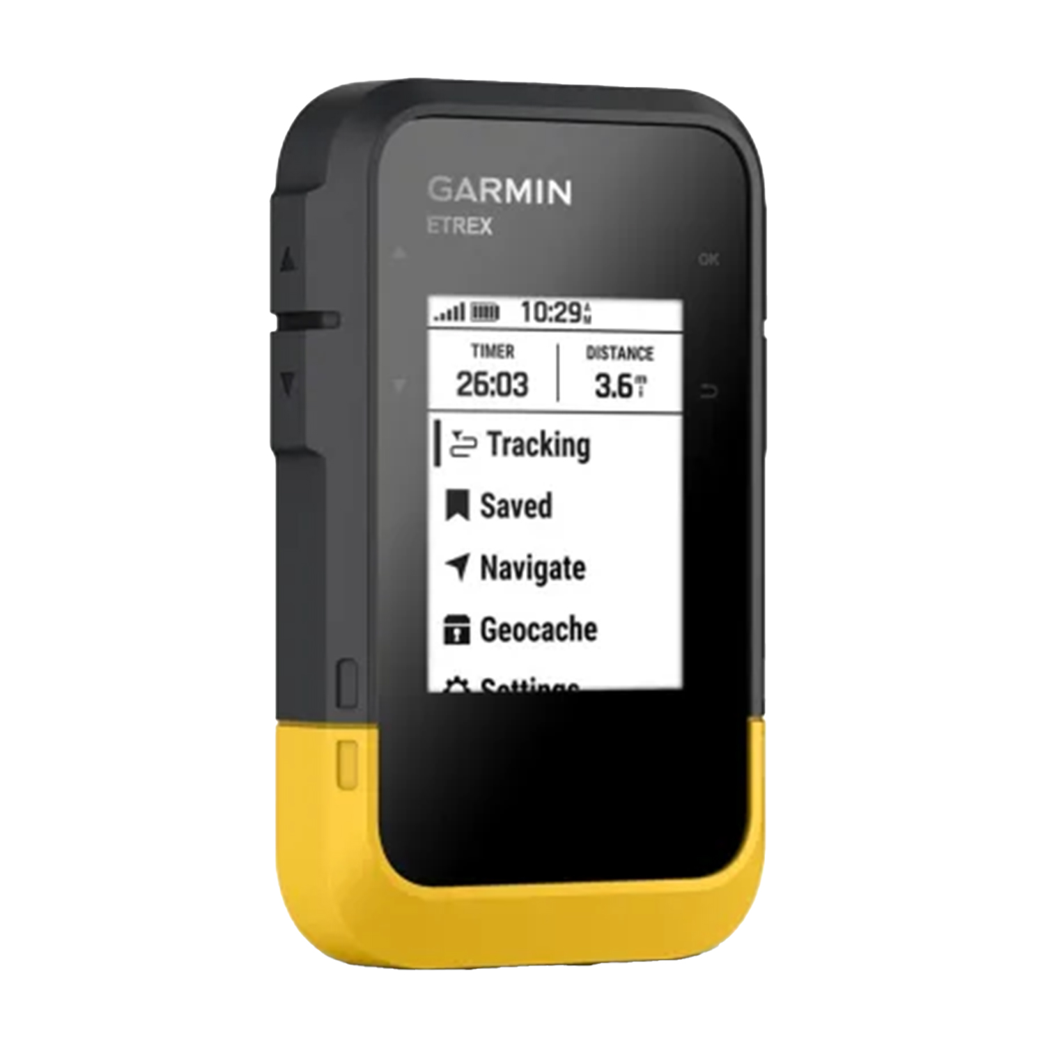 Dispositivo GPS Garmin eTrex, giallo e nero, schermo con dati, sfondo bianco.