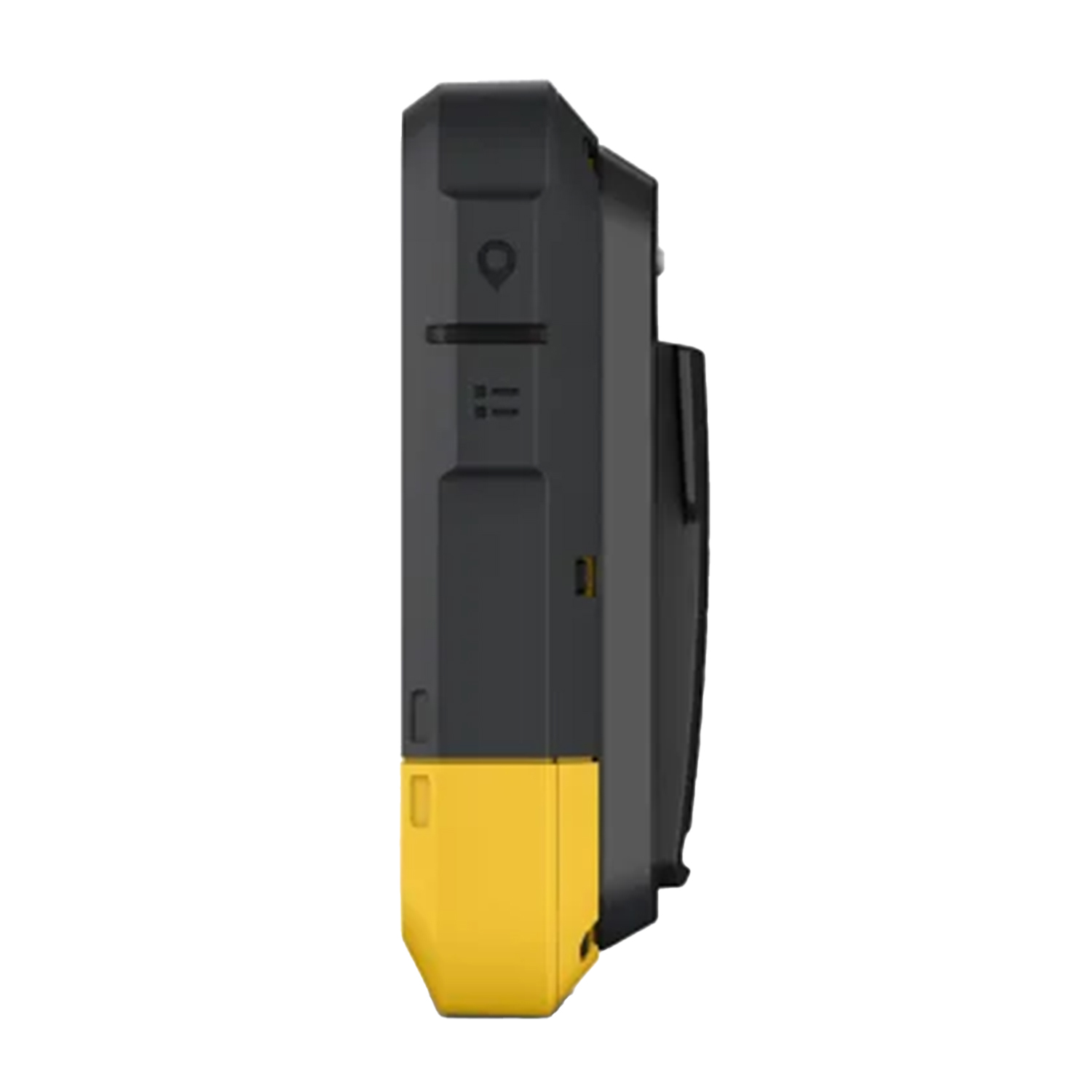 Vista laterale di un dispositivo robusto, nero e giallo, con pulsanti e porte.