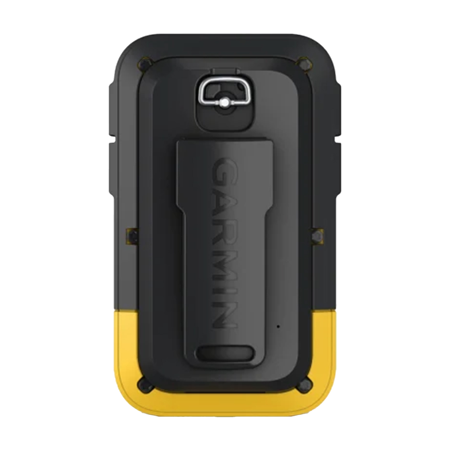 Dispositivo nero e giallo con clip. La parola GARMIN è visibile.