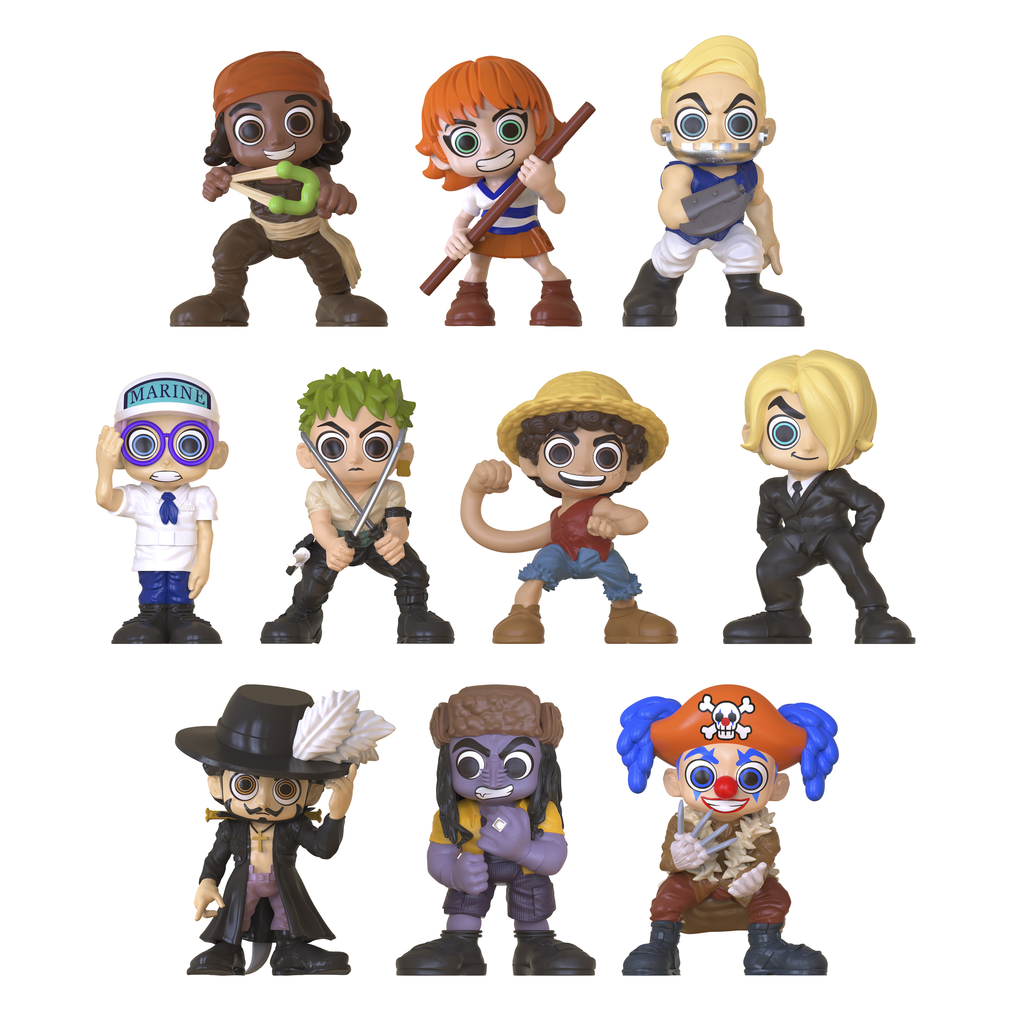 Neun Chibi-Figuren von One Piece-Charakteren.