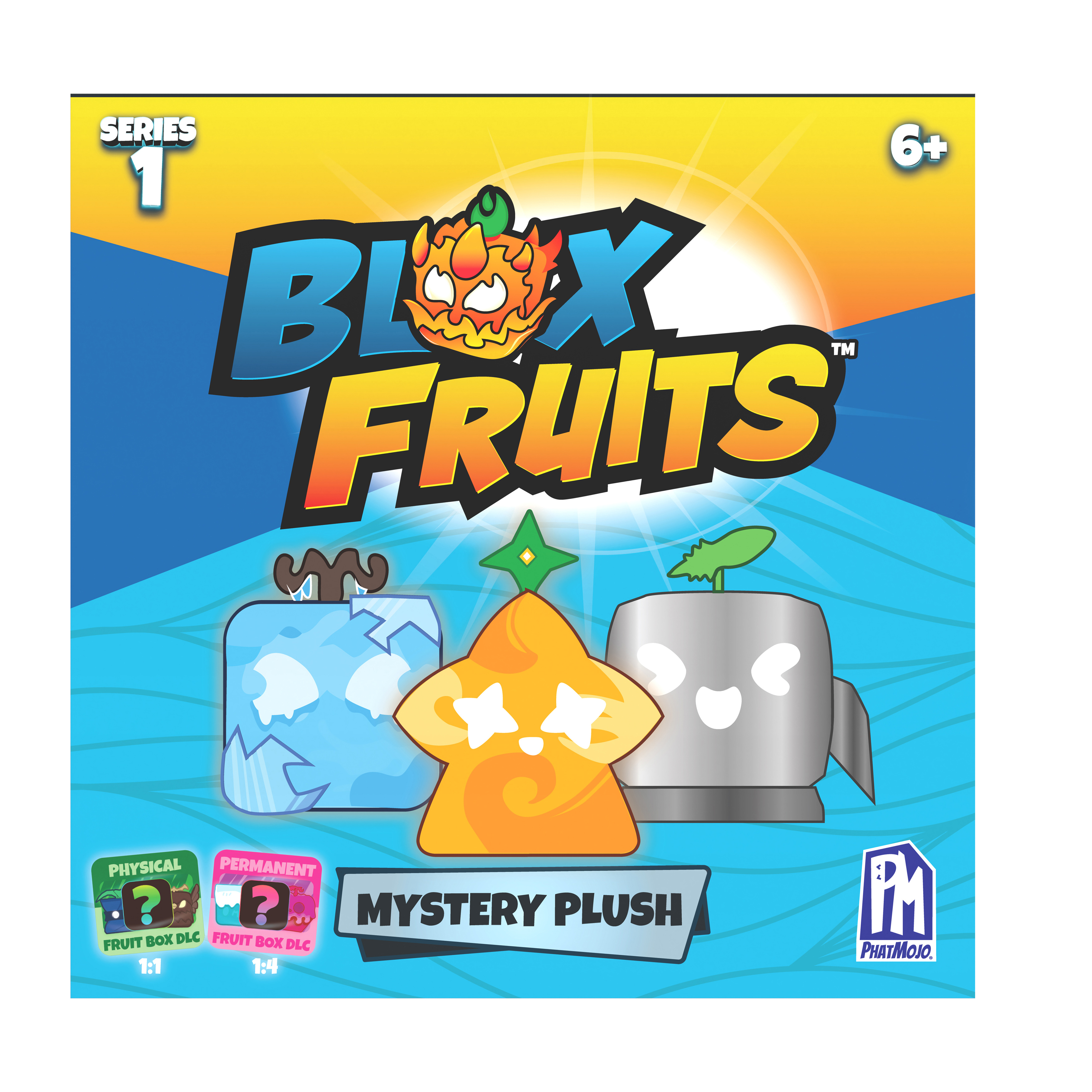 Eine Box mit drei Spielfiguren auf einem Hintergrund mit Sonne und Logo.