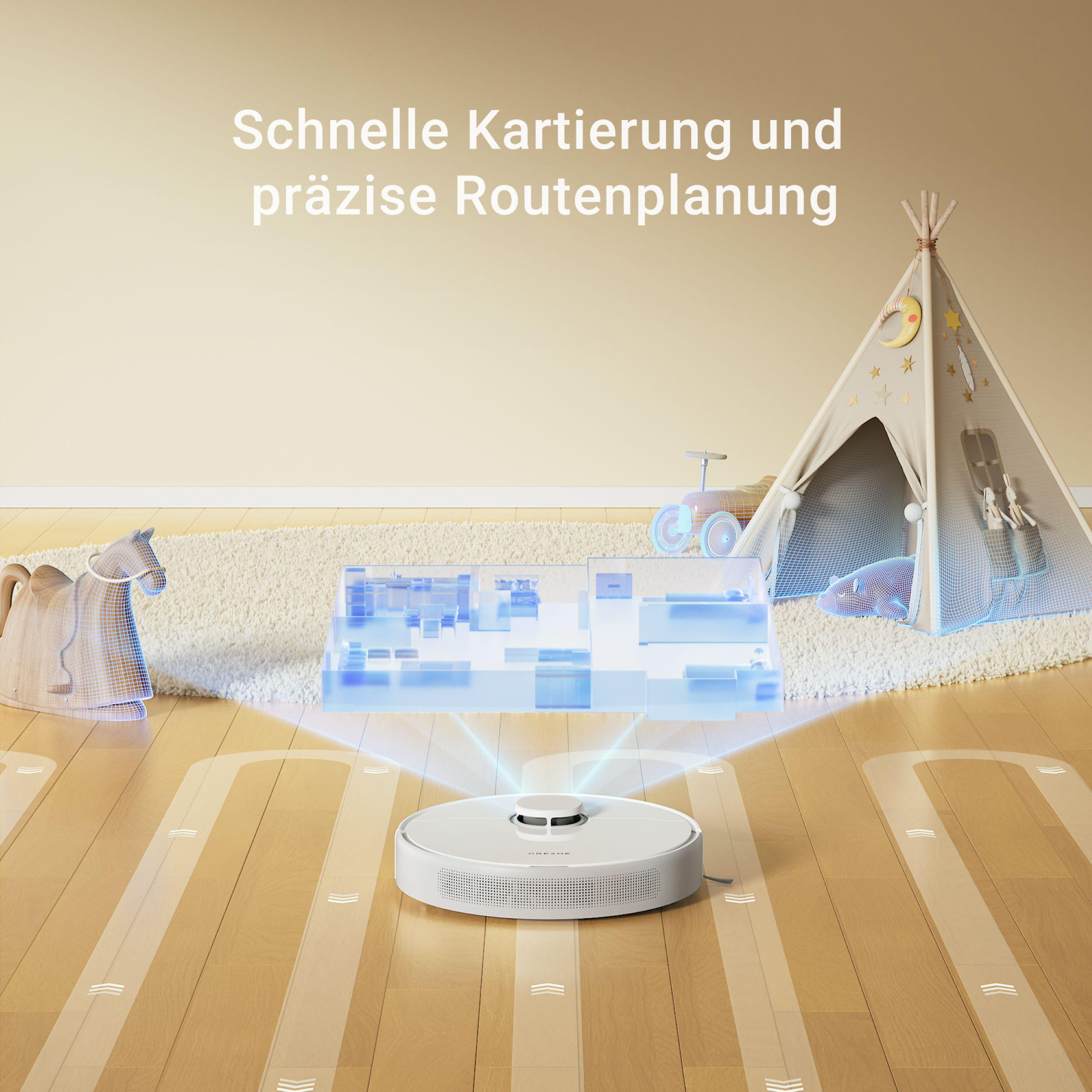 Roboter-Staubsauger auf Holzboden.  Ein Kindertipi, Spielpferd und Auto sichtbar.  Text lautet 'Schnelle Kartierung und präzise Routenplanung'.