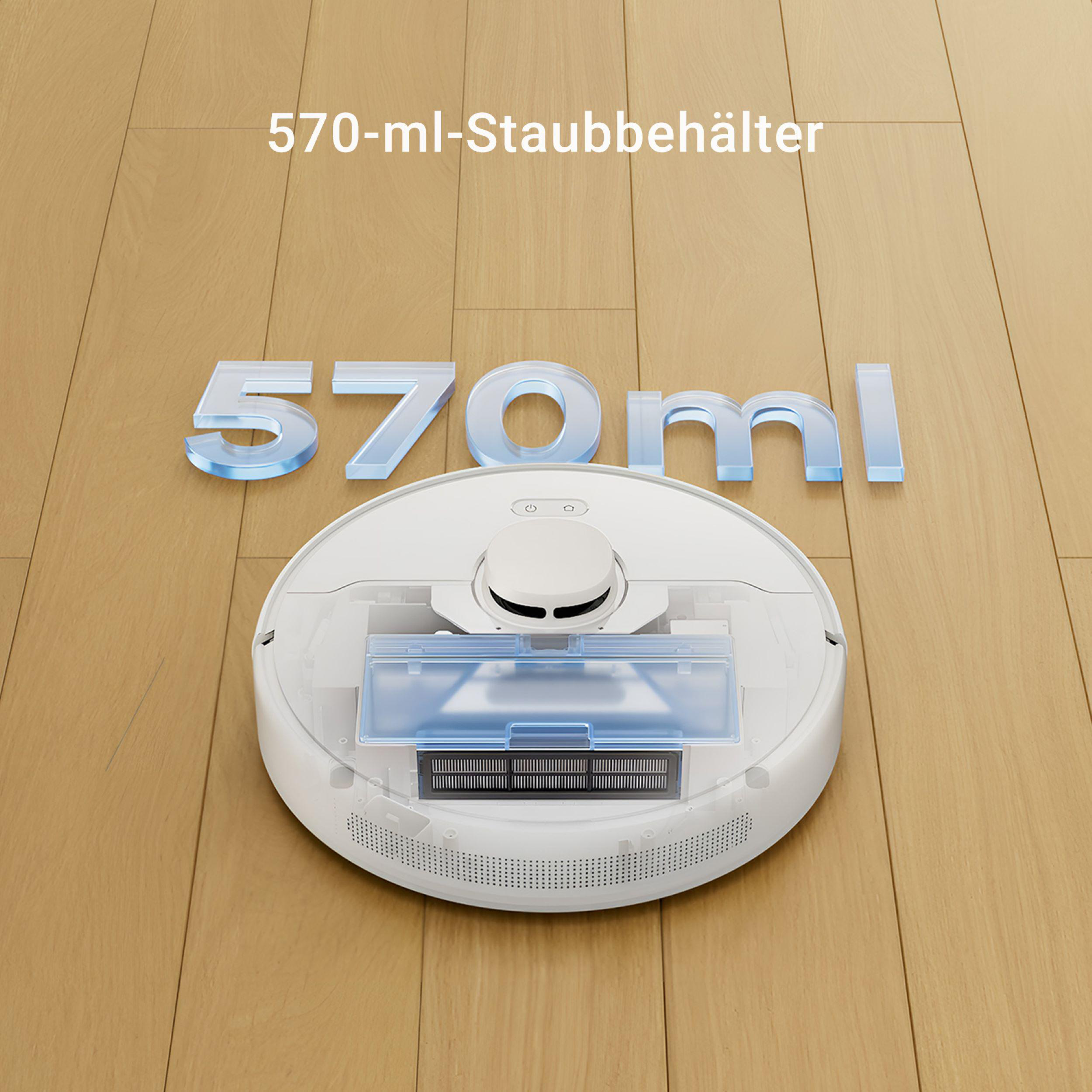 Ein weißer Roboter-Staubsauger mit blauem Behälter auf Holzboden, darüber Text "570ml".