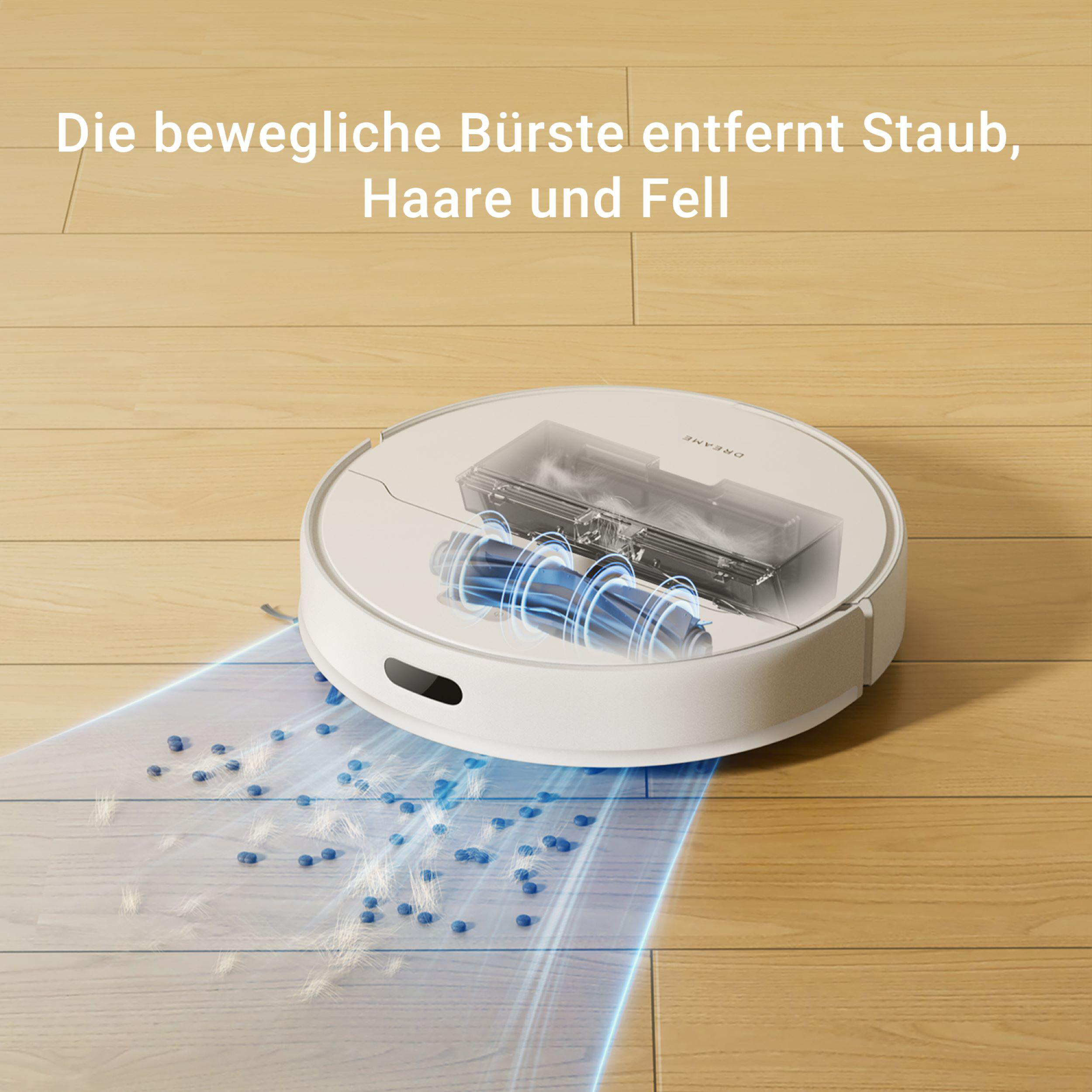 Ein weißer Roboter-Staubsauger auf Holzboden beim Reinigen. Text: 'Die bewegliche Bürste entfernt Staub, Haare und Fell.'