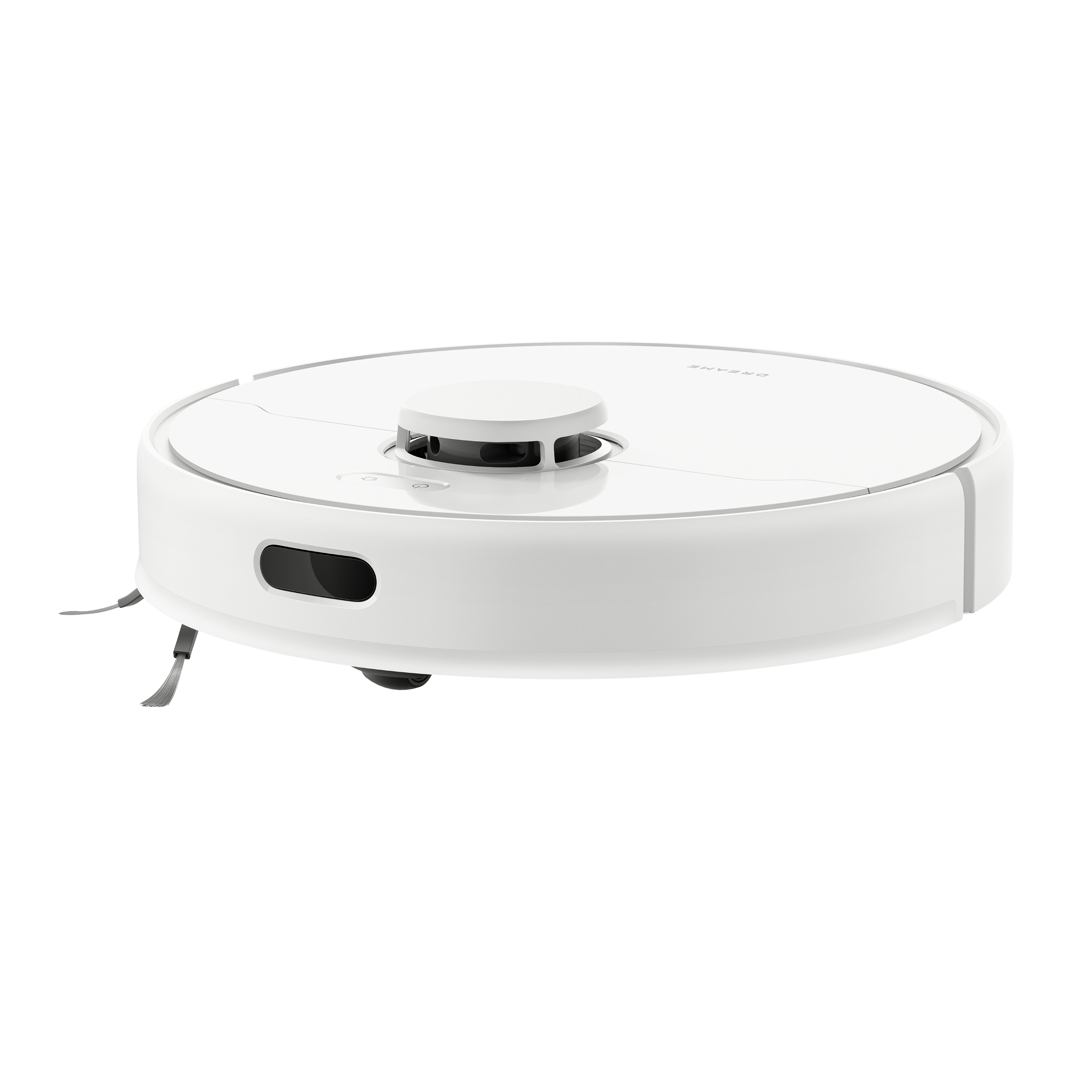 Weißer Roboter-Staubsauger auf weißem Hintergrund. Er hat eine runde Form mit einem zentralen Sensor.