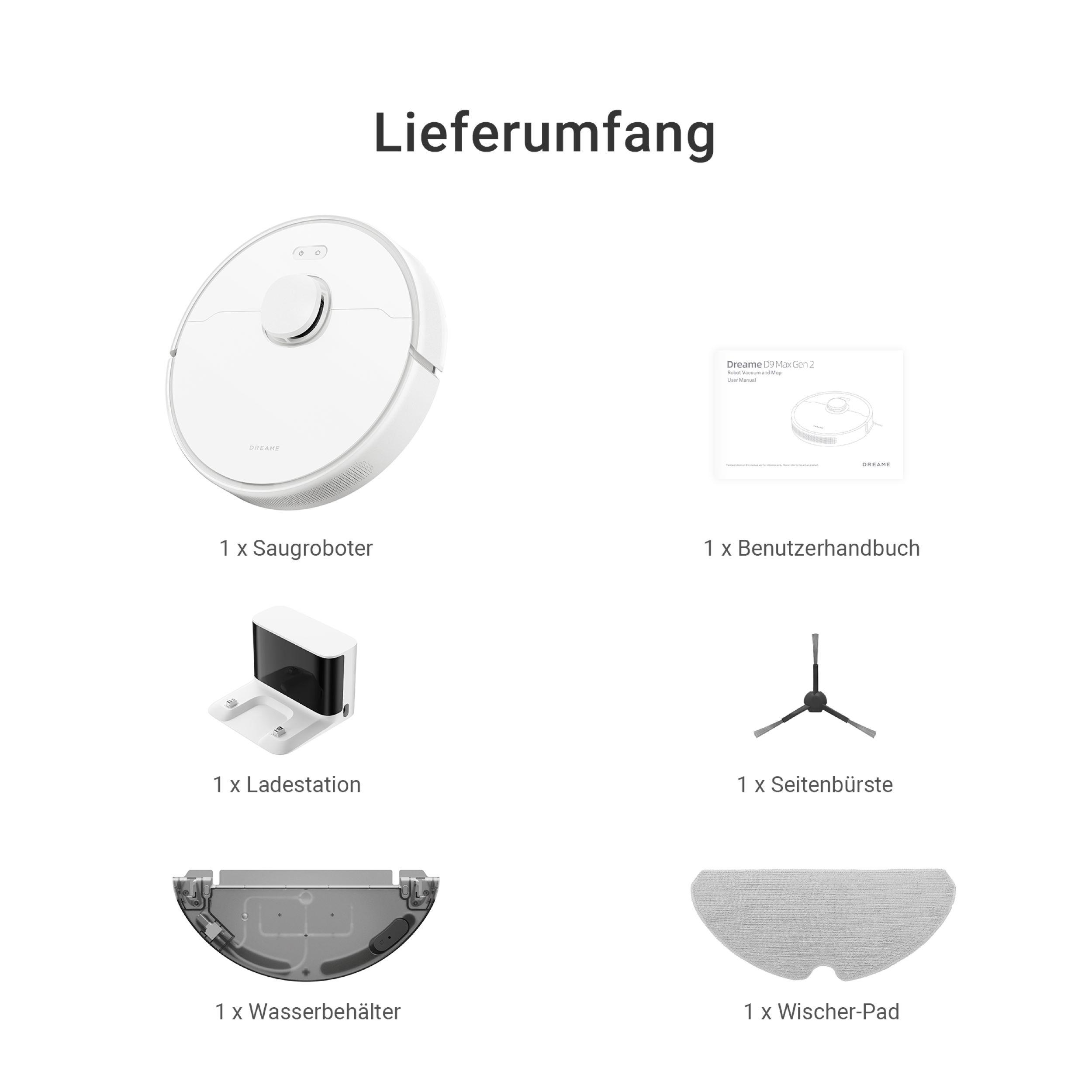 Das Bild zeigt Komponenten eines Roboterstaubsaugers: Roboter, Handbuch, Ladestation, Seitenbürste, Wassertank und Wischpad.