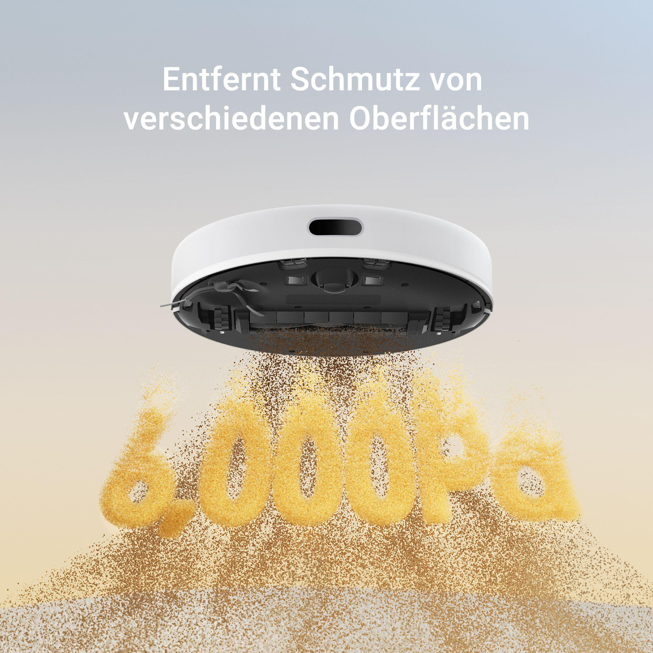 Ein weißer Roboter-Staubsauger befindet sich über dem Staub, darunter die Worte 6000pa.