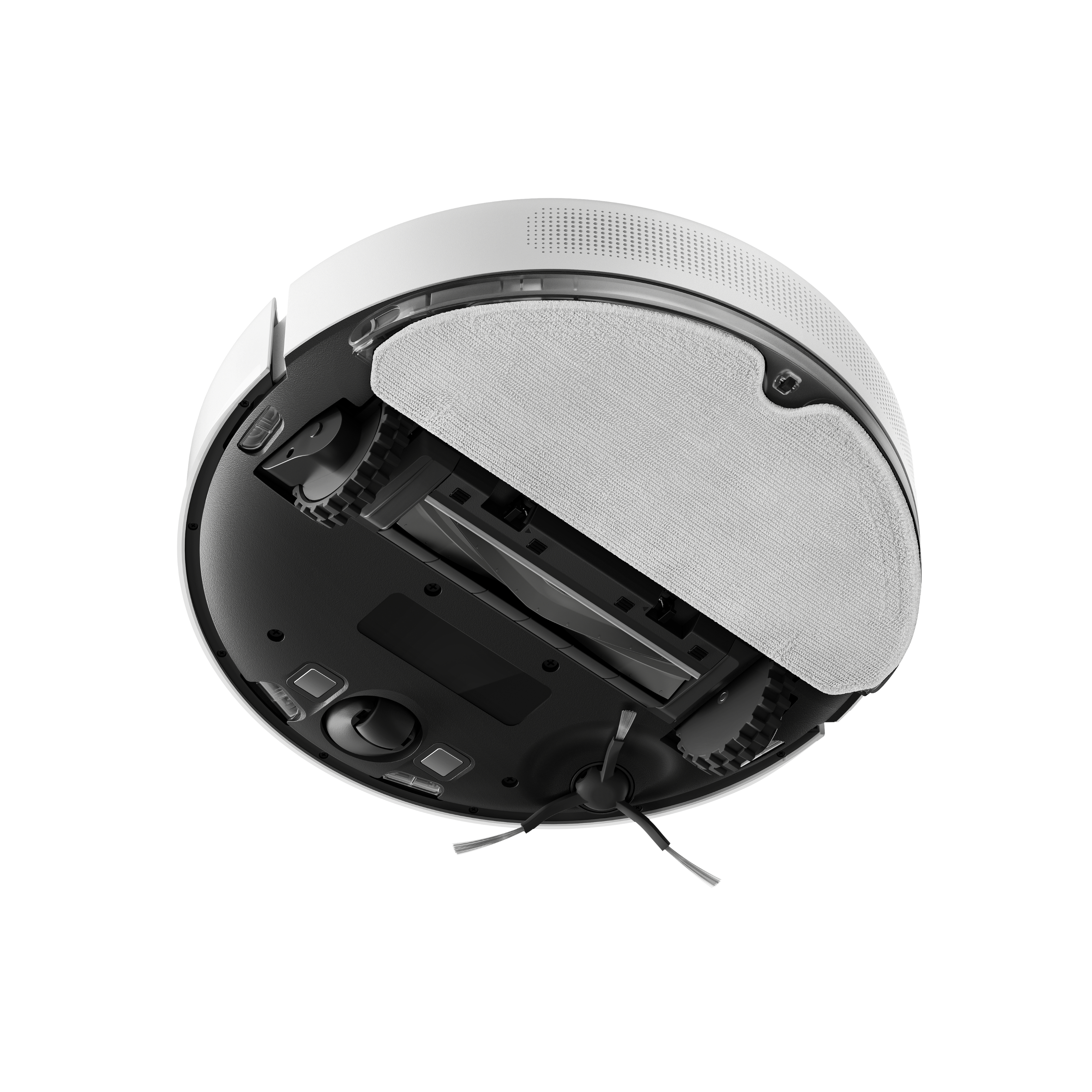 Unteransicht eines weißen Roboter-Staubsaugers. Er hat ein graues Wischtuch und schwarze Bürsten und Räder.