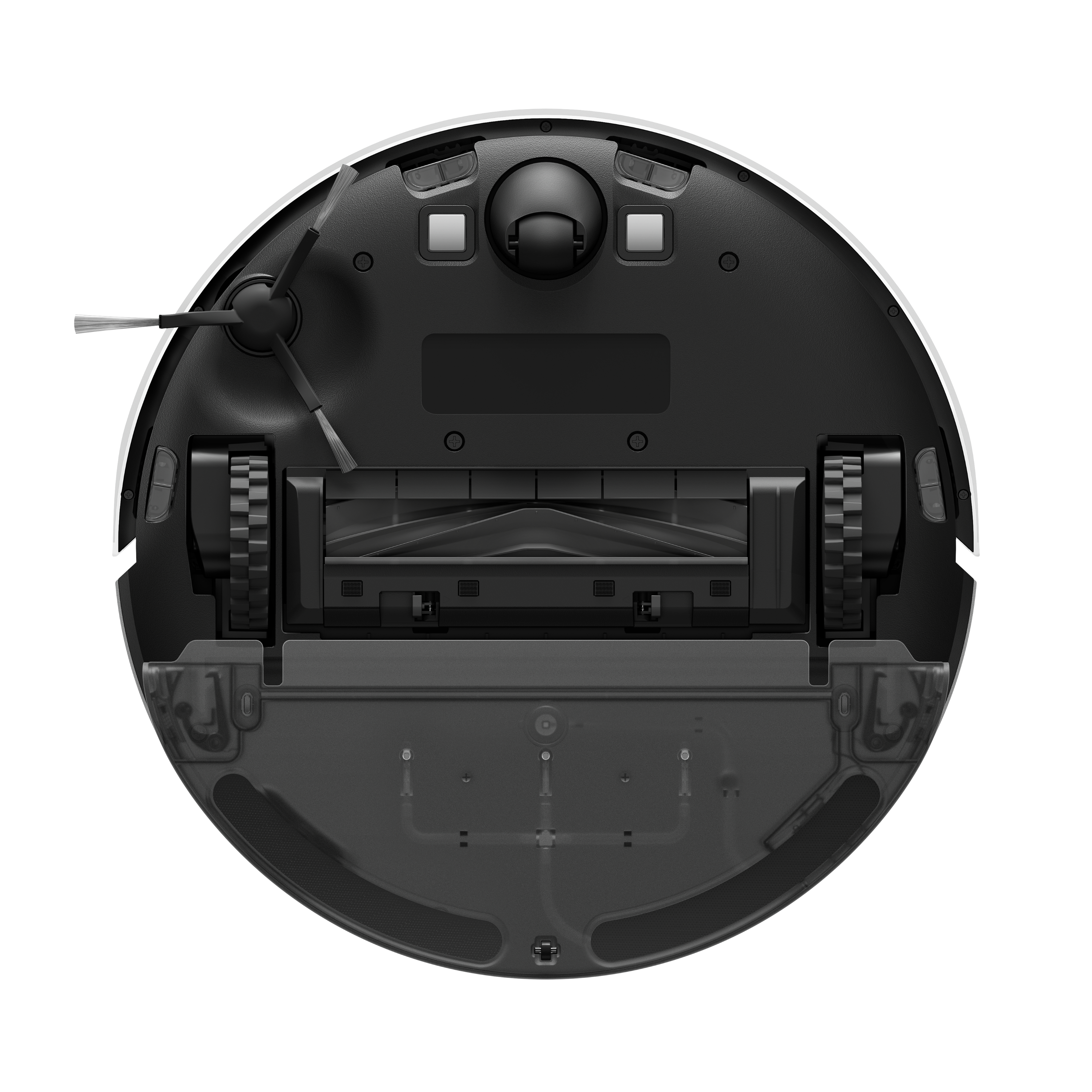 Schwarzer und weißer Roboter-Staubsauger. Merkmale umfassen Bürsten, Räder, Sensoren und einen Staubbehälter. Isoliert auf weißem Hintergrund.