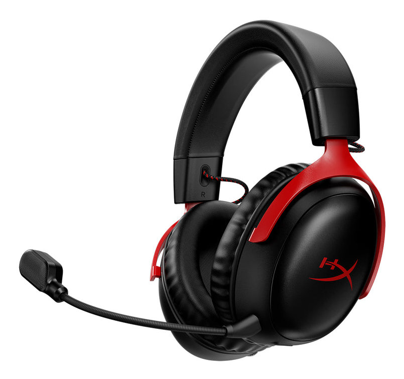 Czarny i czerwony zestaw słuchawkowy dla graczy z mikrofonem. Logo HyperX jest widoczne na nauszniku.