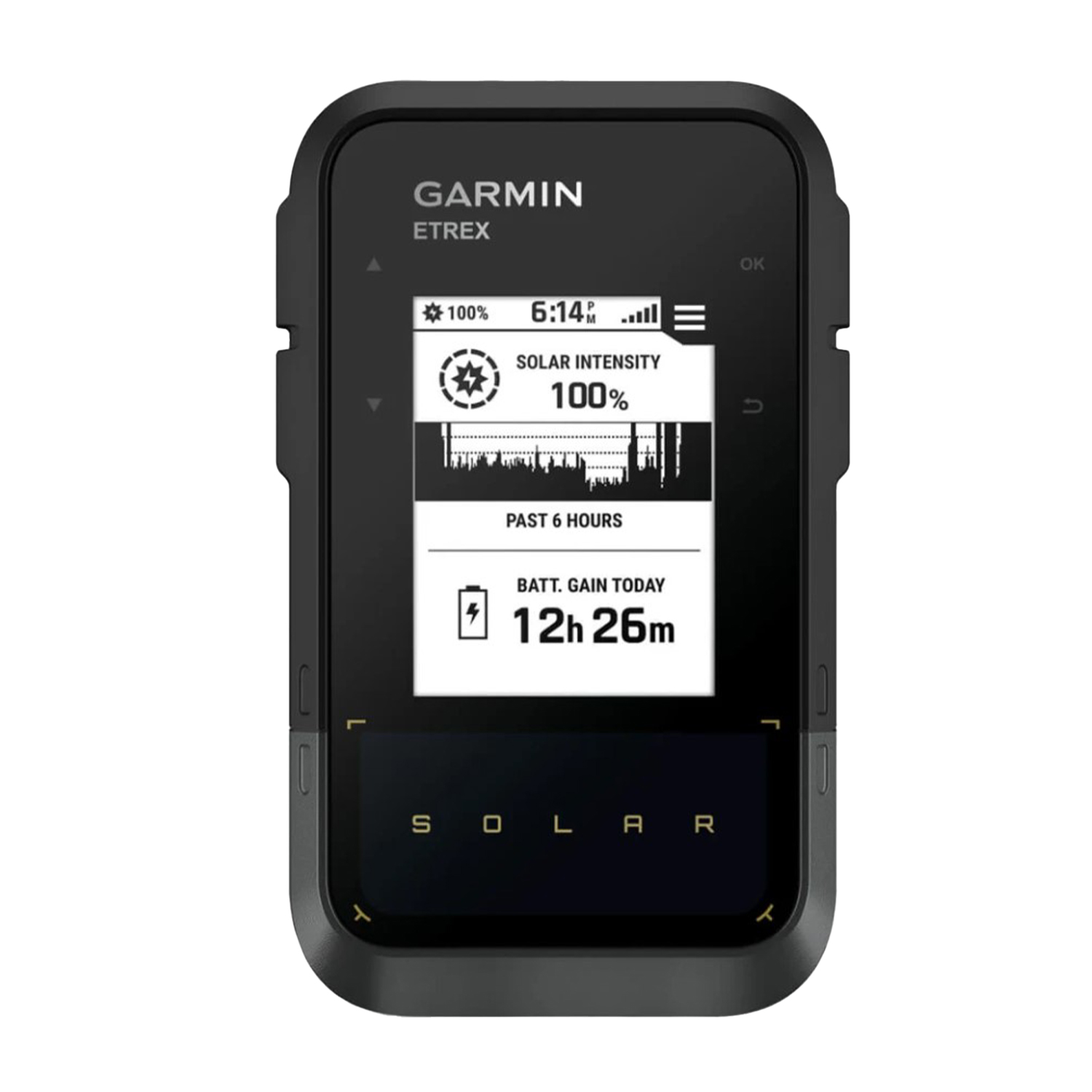 Dispositivo Garmin nero che mostra dati e ora con una cornice nera e grigia.