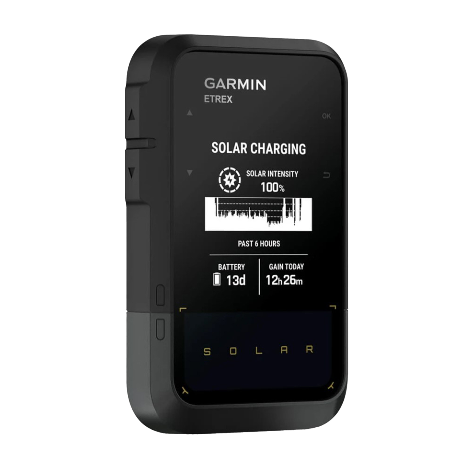 Dispositivo GPS Garmin eTrex con custodia nera, che mostra i dati di ricarica solare sul display.