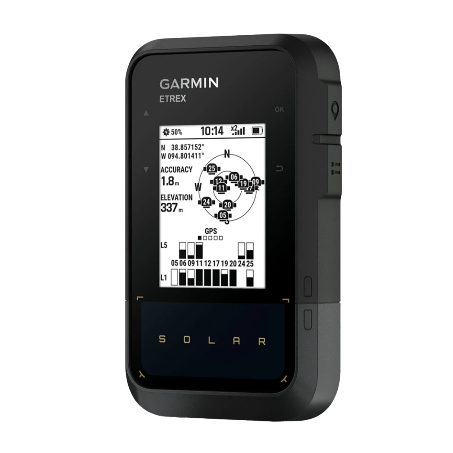 Dispositivo GPS Garmin eTrex nero, mostra dati su sfondo bianco.